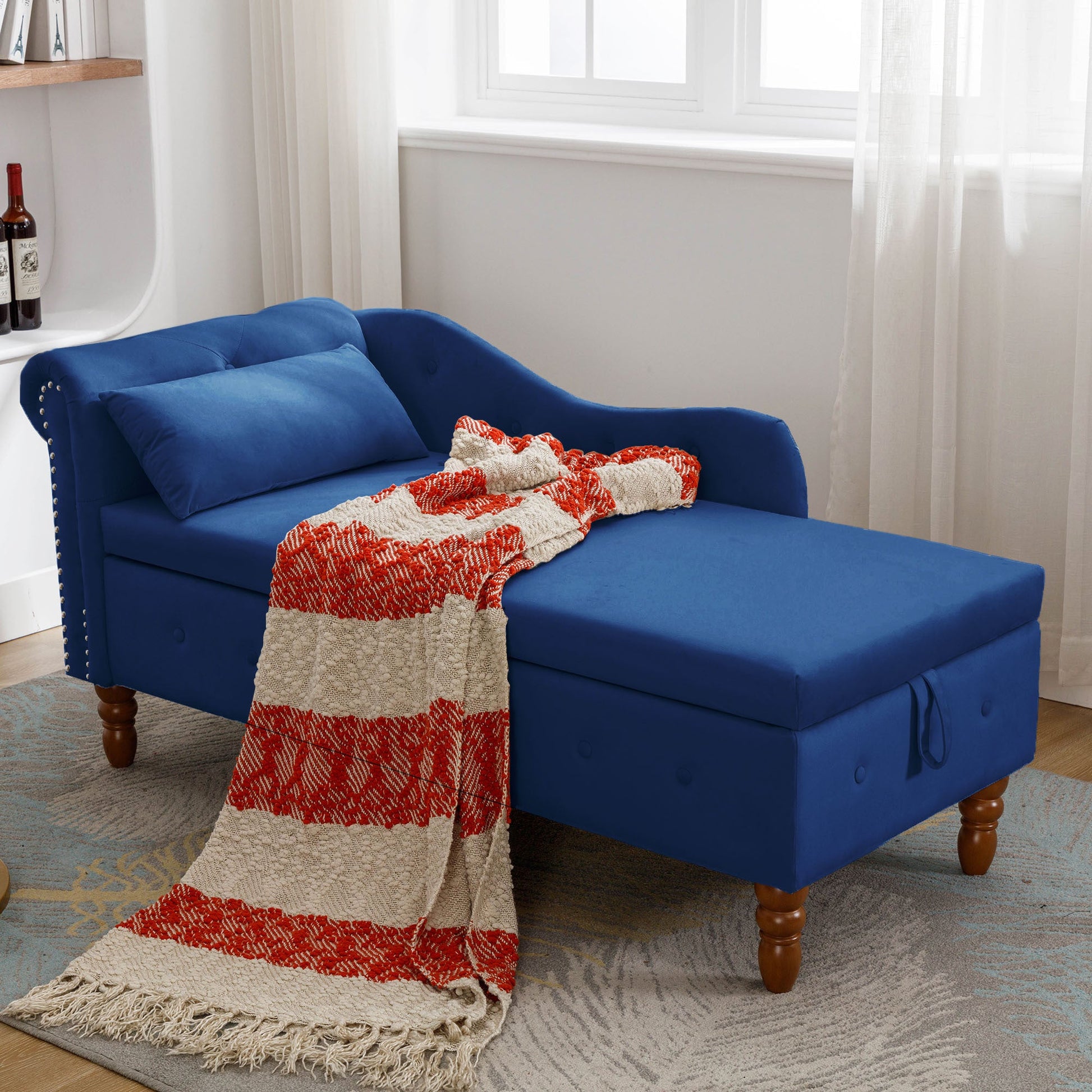 Navy Blue Chaise Lounge Indoor, Velvet Lounge Chair for Bedroom with Storage & Pillow, Modern Upholstered Rolled Arm Chase Lounge for Sleeping with Nailhead Trim for Living Room Bedroom Office - 1st Choice Furniture Direct