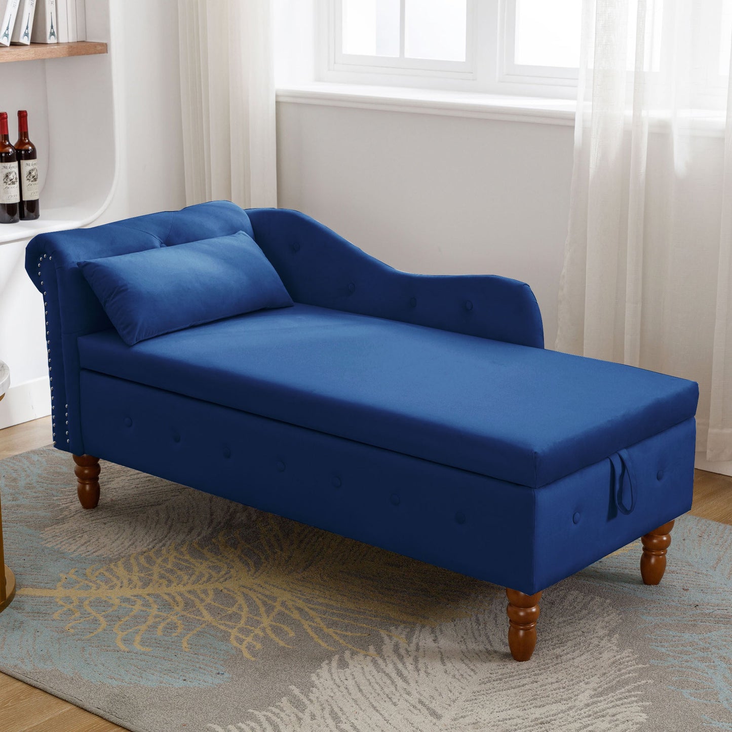 Navy Blue Chaise Lounge Indoor, Velvet Lounge Chair for Bedroom with Storage & Pillow, Modern Upholstered Rolled Arm Chase Lounge for Sleeping with Nailhead Trim for Living Room Bedroom Office - 1st Choice Furniture Direct