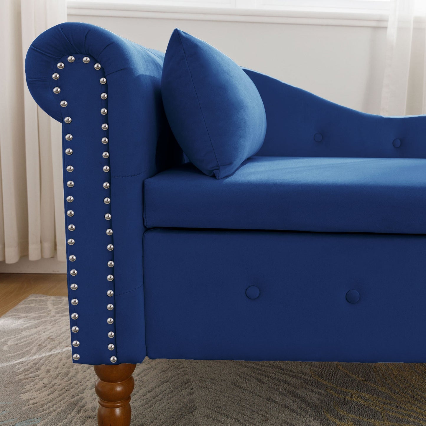 Navy Blue Chaise Lounge Indoor, Velvet Lounge Chair for Bedroom with Storage & Pillow, Modern Upholstered Rolled Arm Chase Lounge for Sleeping with Nailhead Trim for Living Room Bedroom Office - 1st Choice Furniture Direct