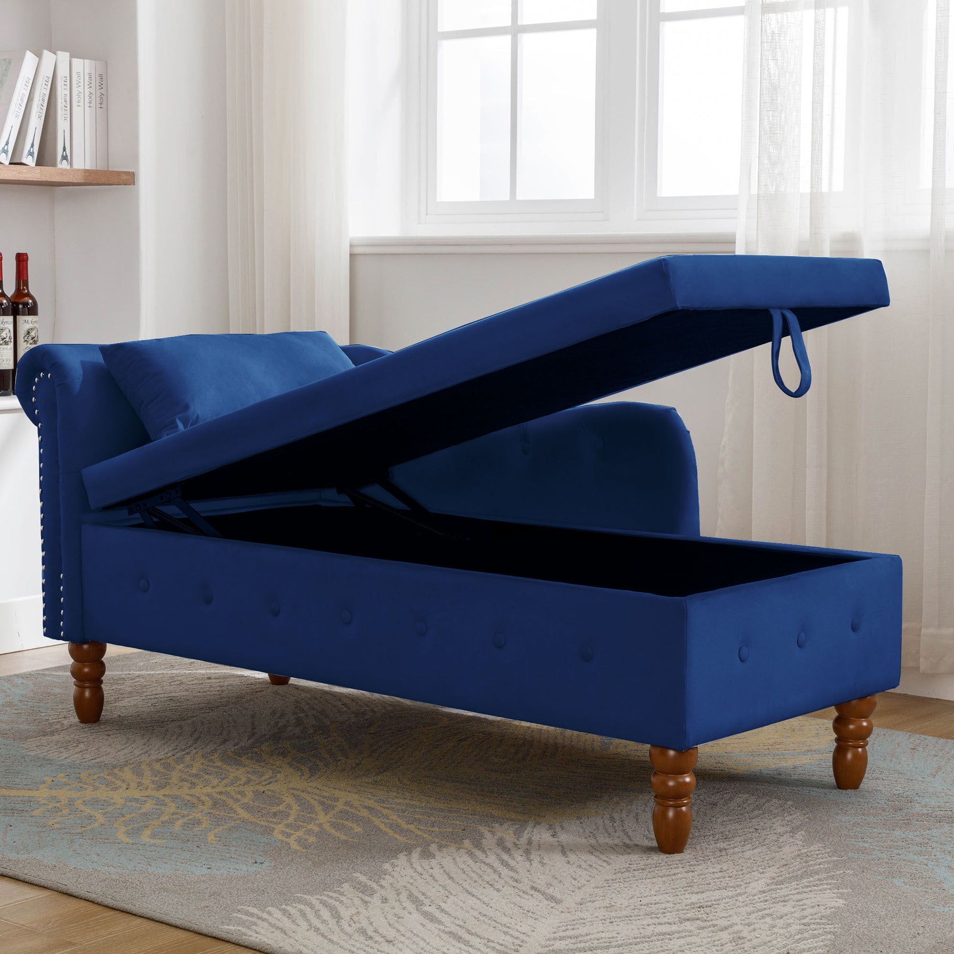 Navy Blue Chaise Lounge Indoor, Velvet Lounge Chair for Bedroom with Storage & Pillow, Modern Upholstered Rolled Arm Chase Lounge for Sleeping with Nailhead Trim for Living Room Bedroom Office - 1st Choice Furniture Direct