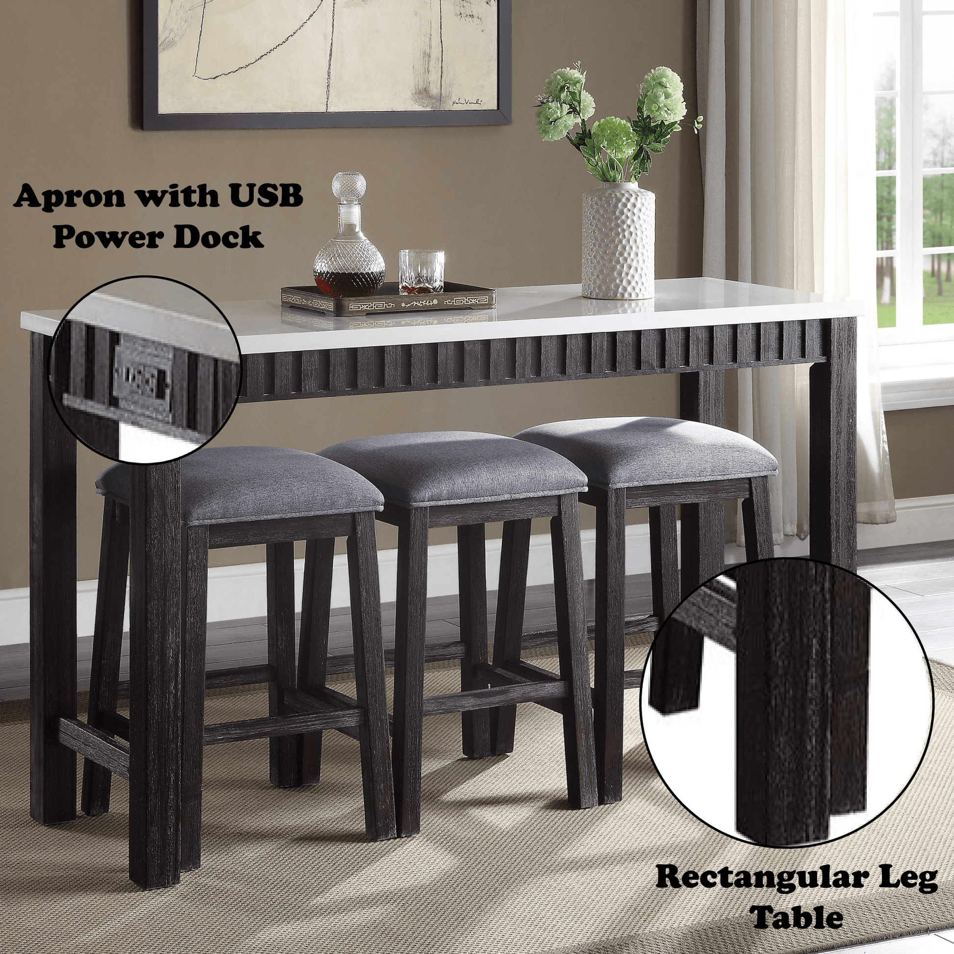 Necalli Marble Top & Weathered Espresso Finish 4PC Pack Counter Height Table Set - 1st Choice Furniture Direct
