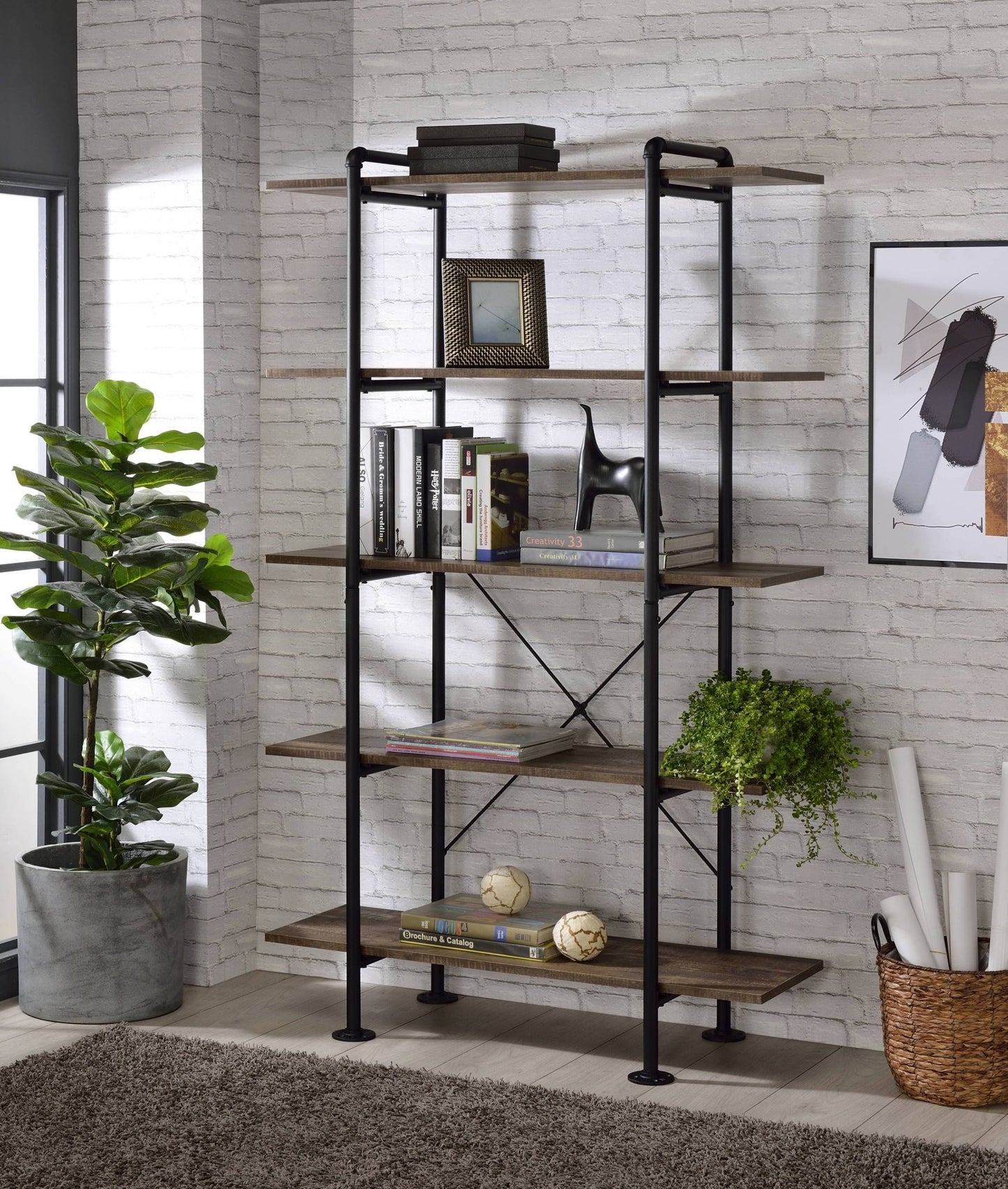 Nefo Rustic Oak & Black Finish Bookshelf - 1st Choice Furniture Direct