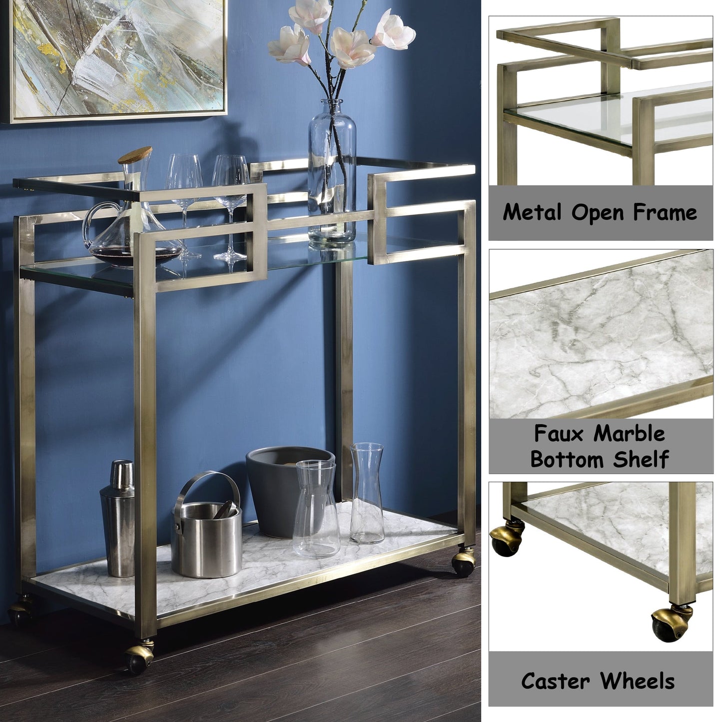 Neilo Clear Glass, Faux Marble Top & Wire Brass Finish Serving Cart - 1st Choice Furniture Direct