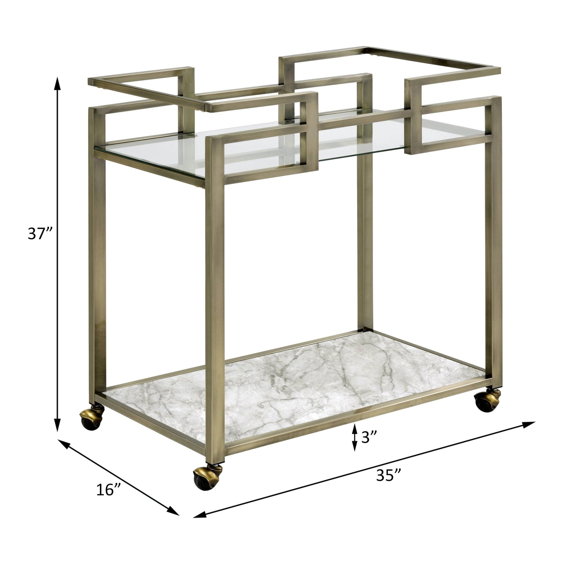 Neilo Clear Glass, Faux Marble Top & Wire Brass Finish Serving Cart - 1st Choice Furniture Direct