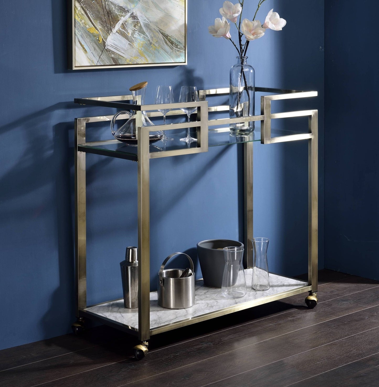 Neilo Clear Glass, Faux Marble Top & Wire Brass Finish Serving Cart - 1st Choice Furniture Direct