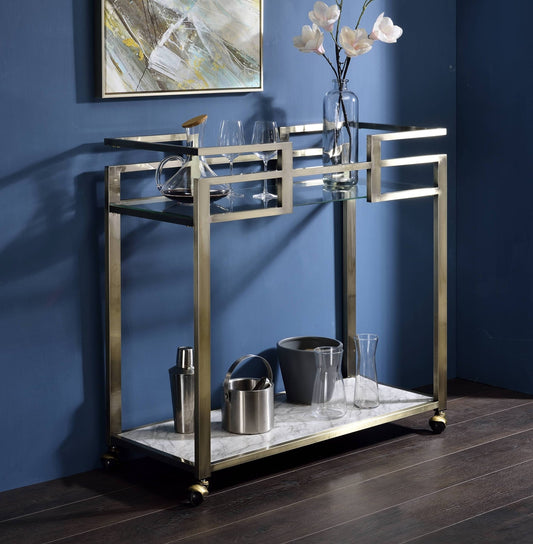 Neilo Clear Glass, Faux Marble Top & Wire Brass Finish Serving Cart - 1st Choice Furniture Direct