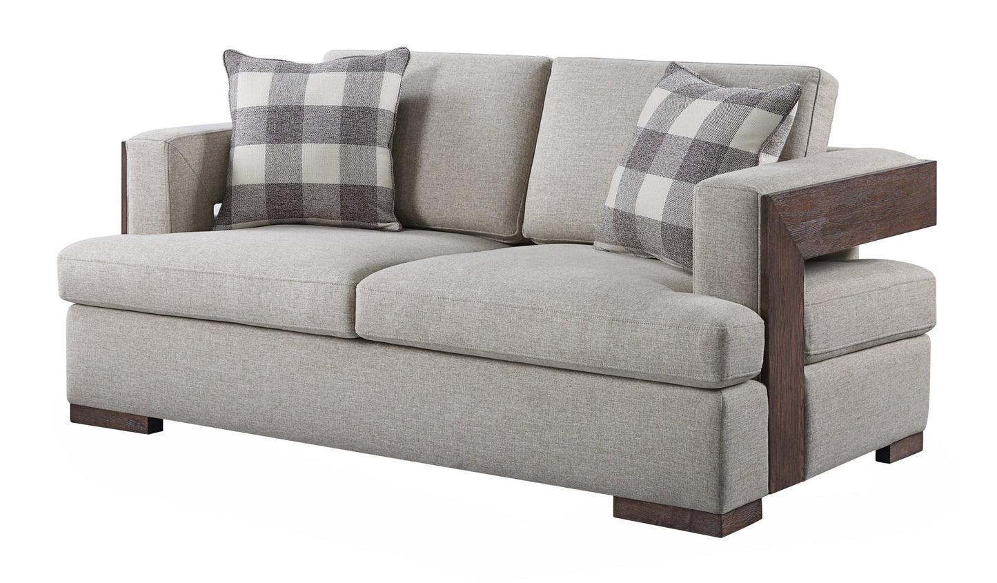 Niamey Fabric & Walnut Finish Loveseat w/ 2 Toss Pillows - 1st Choice Furniture Direct