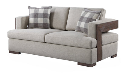 Niamey Fabric & Walnut Finish Loveseat w/ 2 Toss Pillows - 1st Choice Furniture Direct