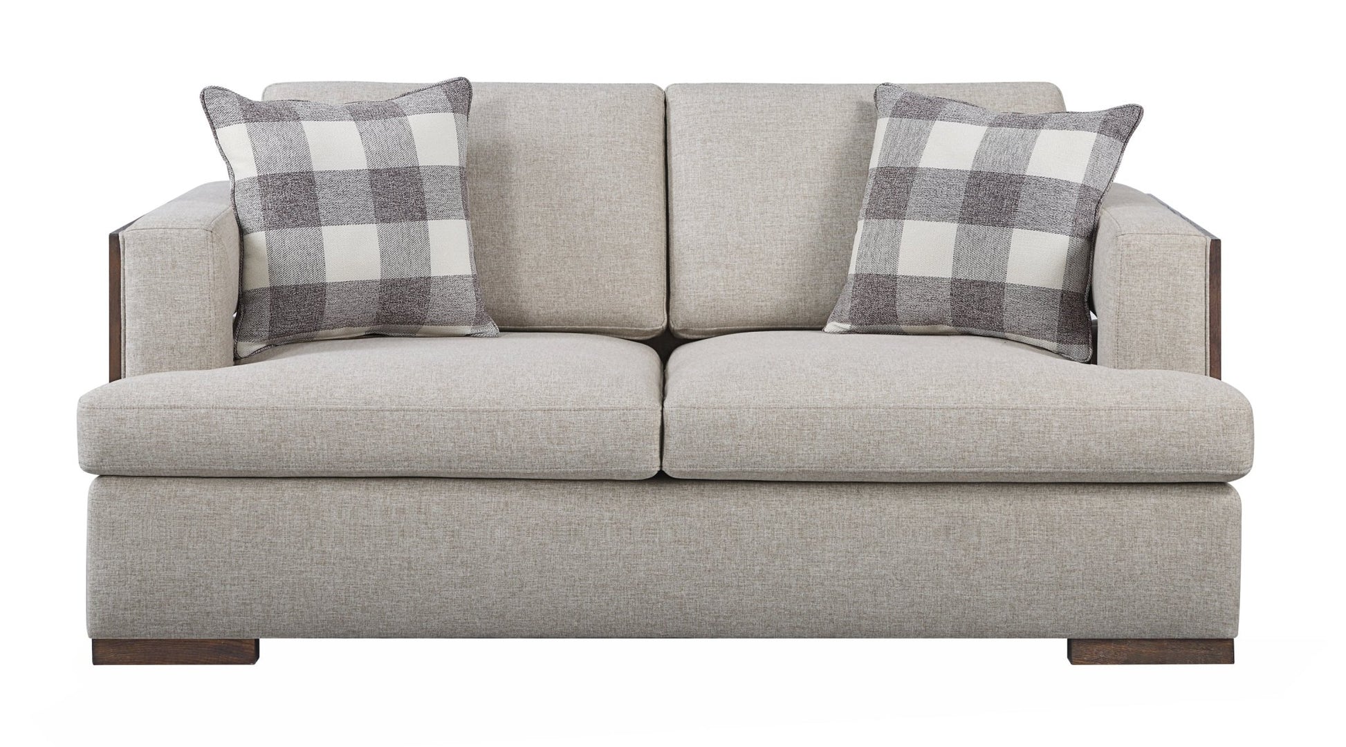 Niamey Fabric & Walnut Finish Loveseat w/ 2 Toss Pillows - 1st Choice Furniture Direct
