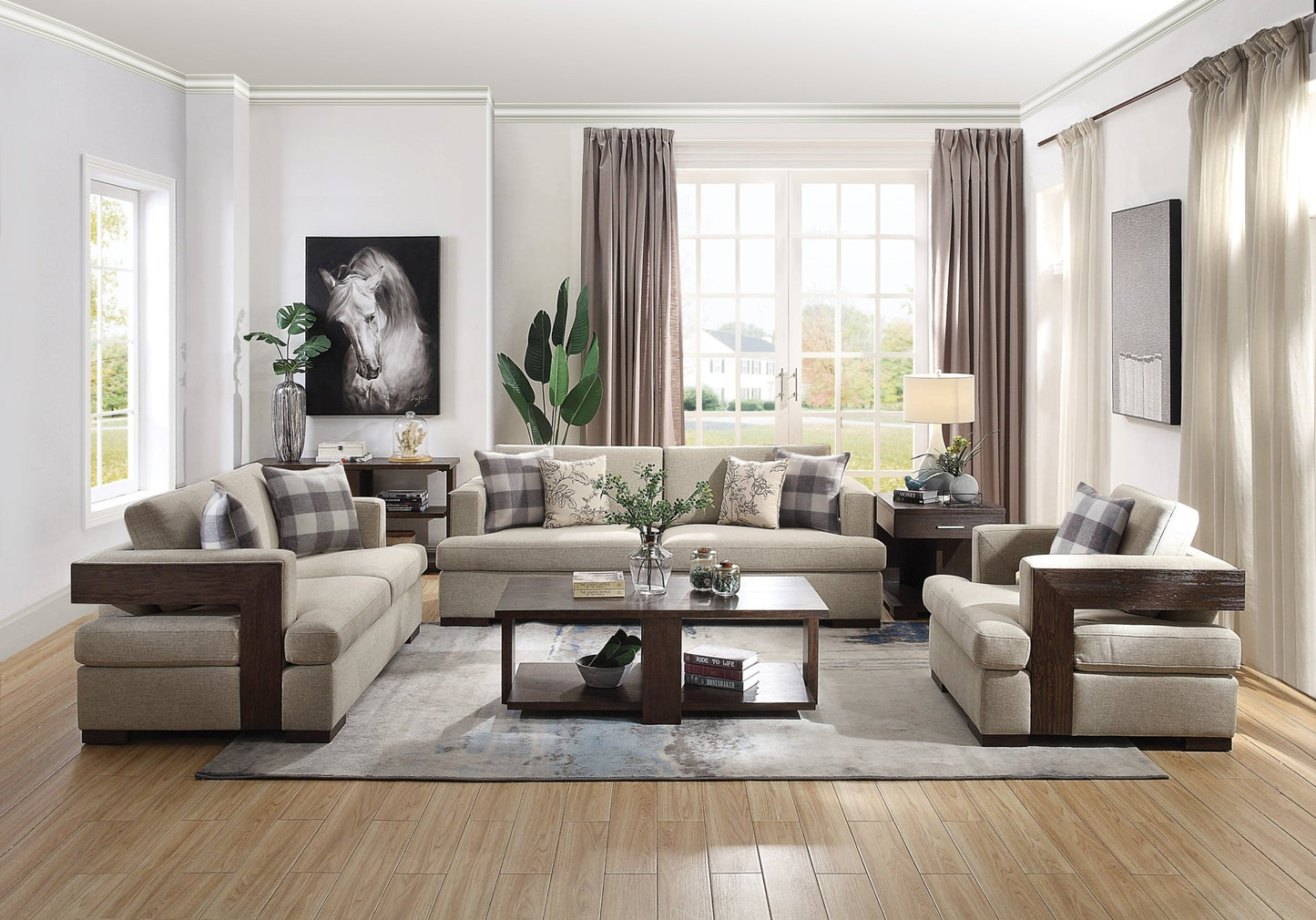 Niamey Fabric & Walnut Finish Sofa w/ 4 Toss Pillows - 1st Choice Furniture Direct