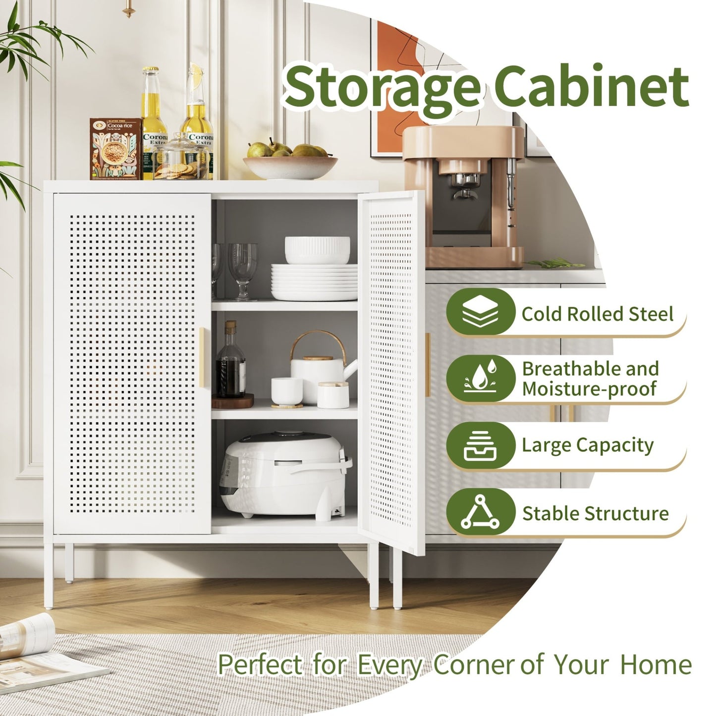 NO LOCK, Metal Storage Cabinet with 2 Doors and 2 Adjustable Shelves, Steel Storage Cabinet, Metal File Cabinet for Home Office School Gym, White - 1st Choice Furniture Direct