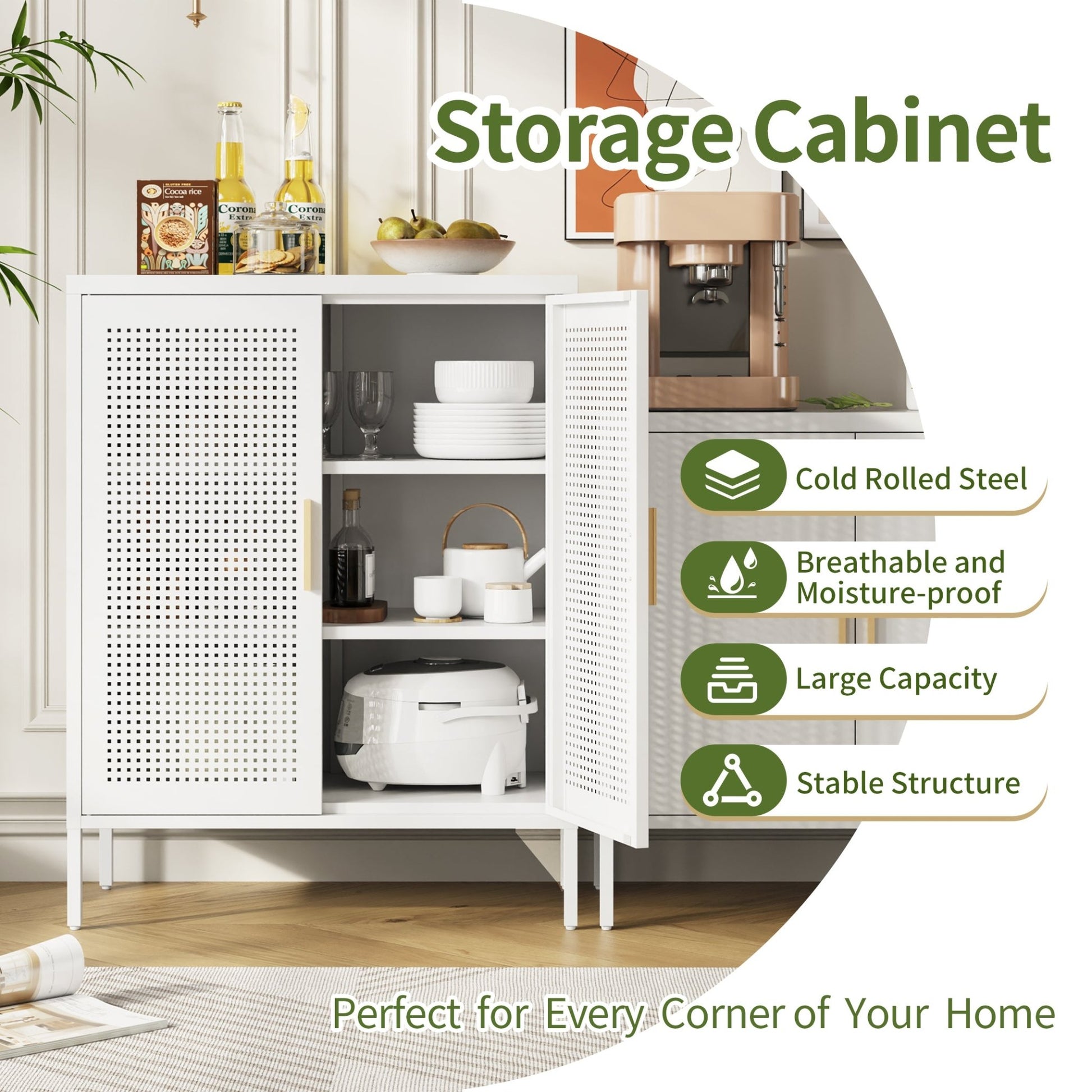 NO LOCK, Metal Storage Cabinet with 2 Doors and 2 Adjustable Shelves, Steel Storage Cabinet, Metal File Cabinet for Home Office School Gym, White - 1st Choice Furniture Direct