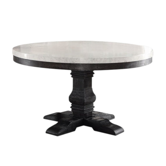 Nolan White Marble Top & Salvage Dark Oak Finish Round Dining Table - 1st Choice Furniture Direct