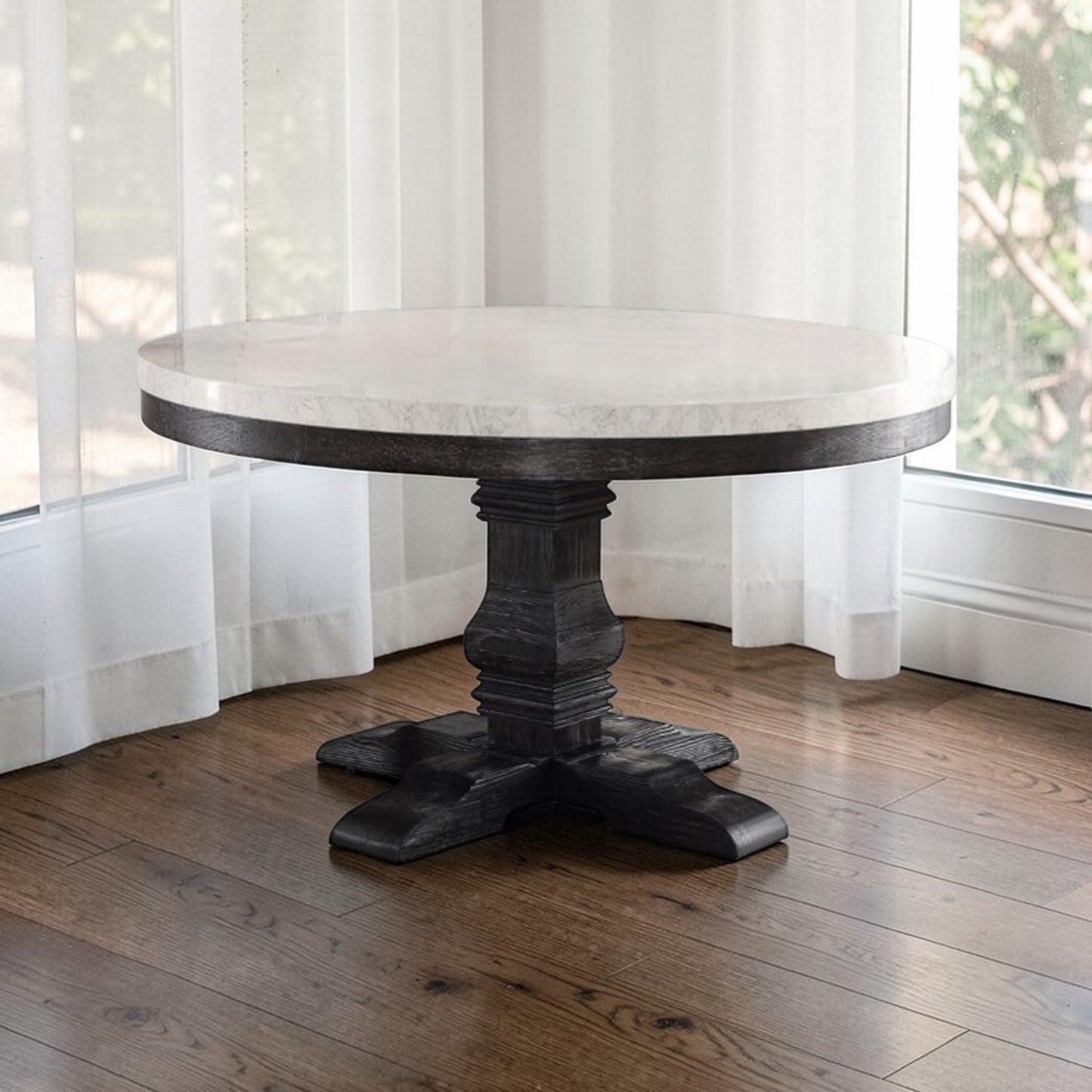 Nolan White Marble Top & Salvage Dark Oak Finish Round Dining Table - 1st Choice Furniture Direct