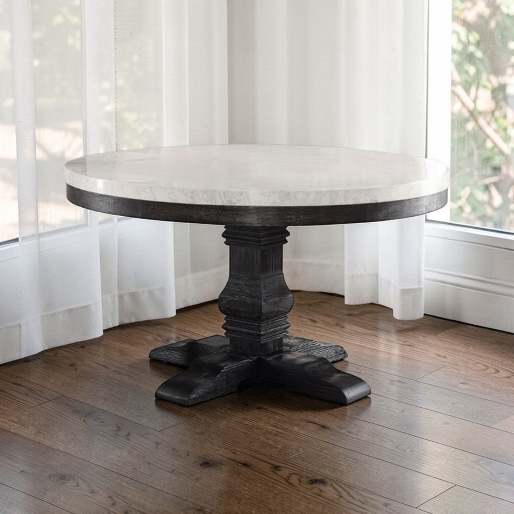 Nolan White Marble Top & Salvage Dark Oak Finish Round Dining Table - 1st Choice Furniture Direct