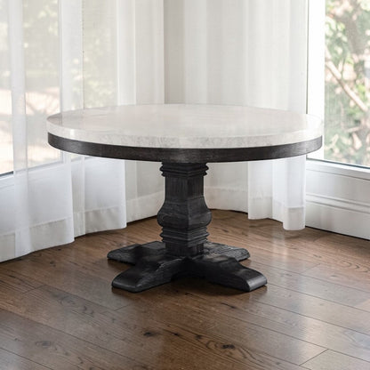 Nolan White Marble Top & Salvage Dark Oak Finish Round Dining Table - 1st Choice Furniture Direct
