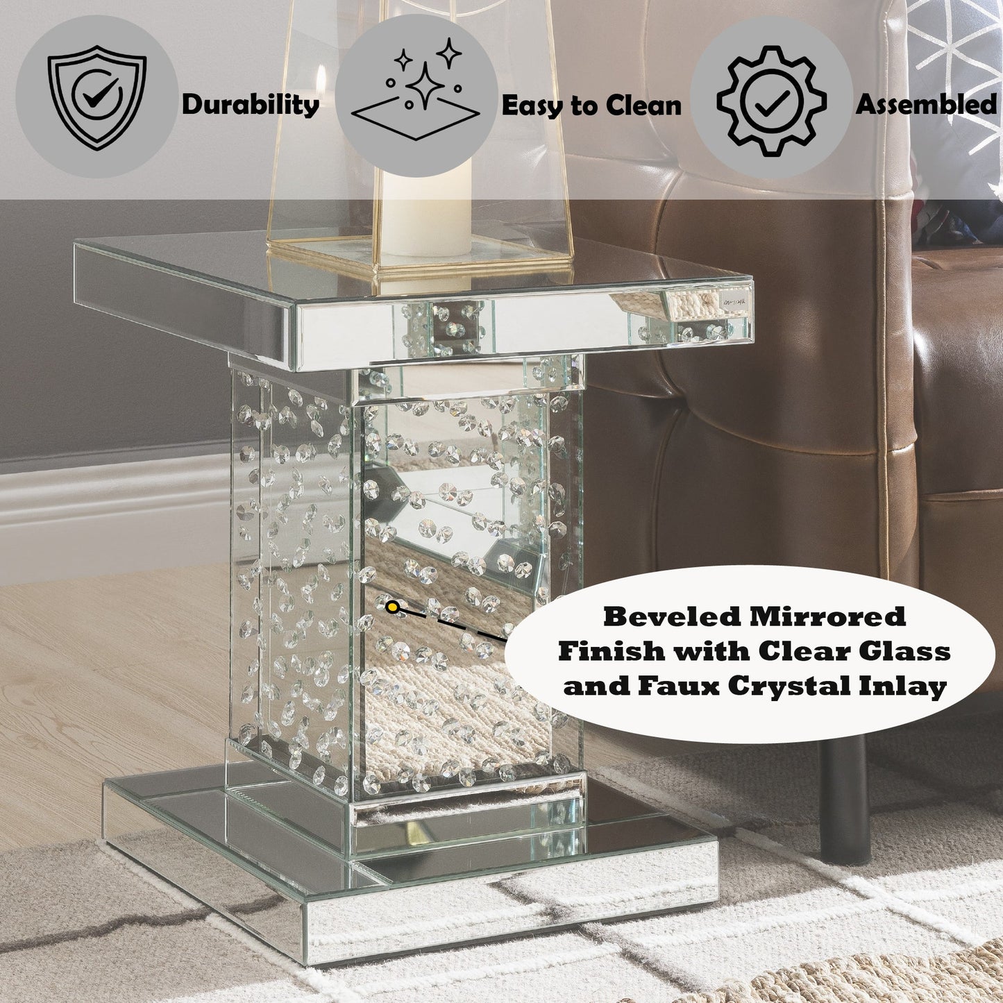 Nysa Mirrored & Faux Crystals End Table - 1st Choice Furniture Direct