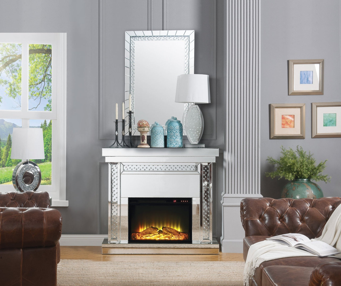 Nysa Mirrored & Faux Crystals Fireplace - 1st Choice Furniture Direct