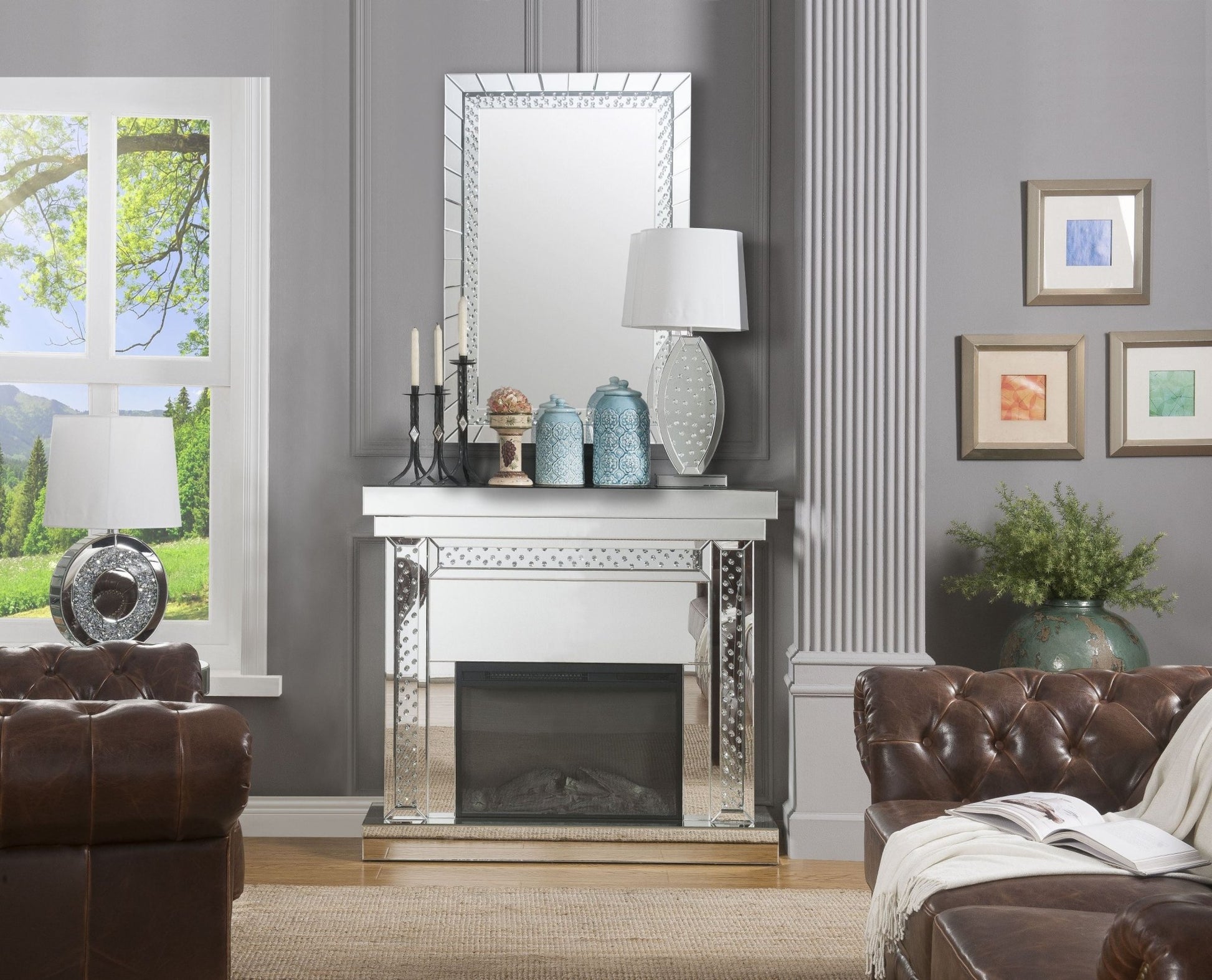 Nysa Mirrored & Faux Crystals Fireplace - 1st Choice Furniture Direct