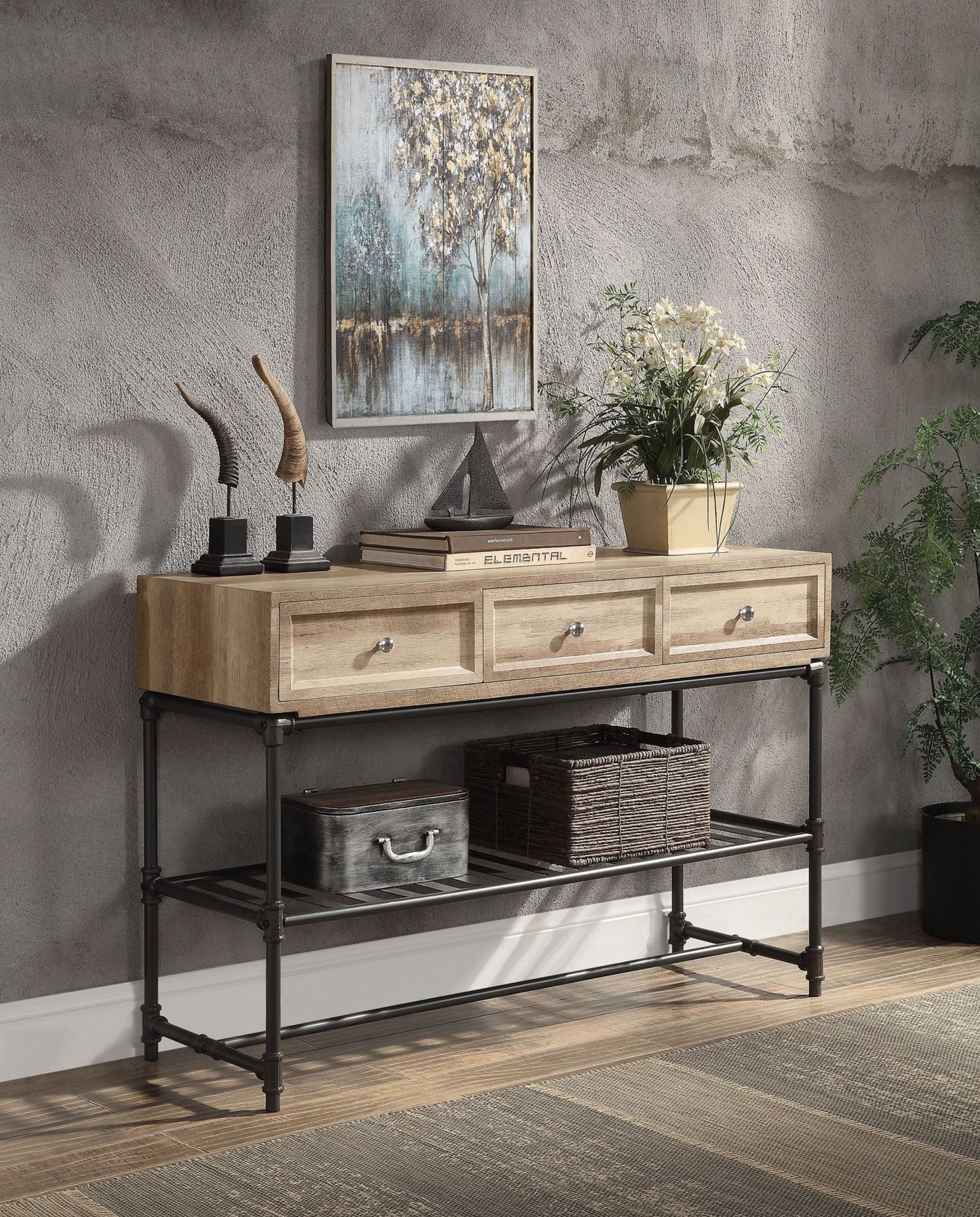 Oak Industrial Sofa Table with Drawer & Shelf - 1st Choice Furniture Direct