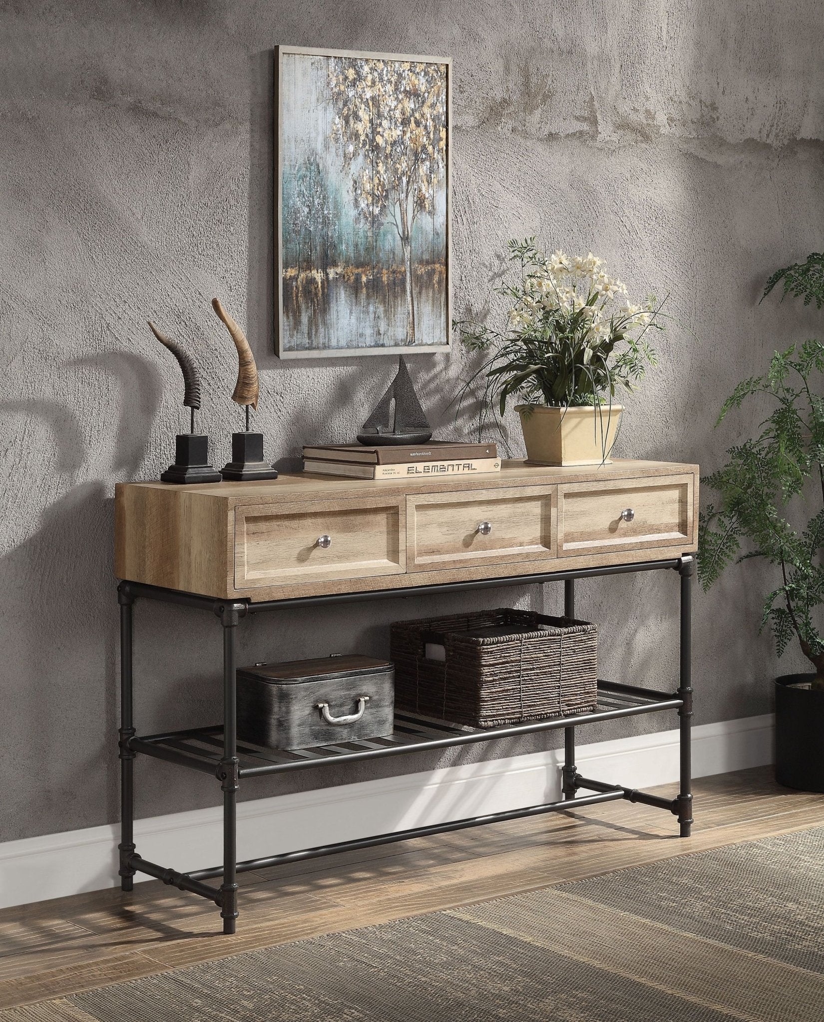 Oak Industrial Sofa Table with Drawer & Shelf - 1st Choice Furniture Direct