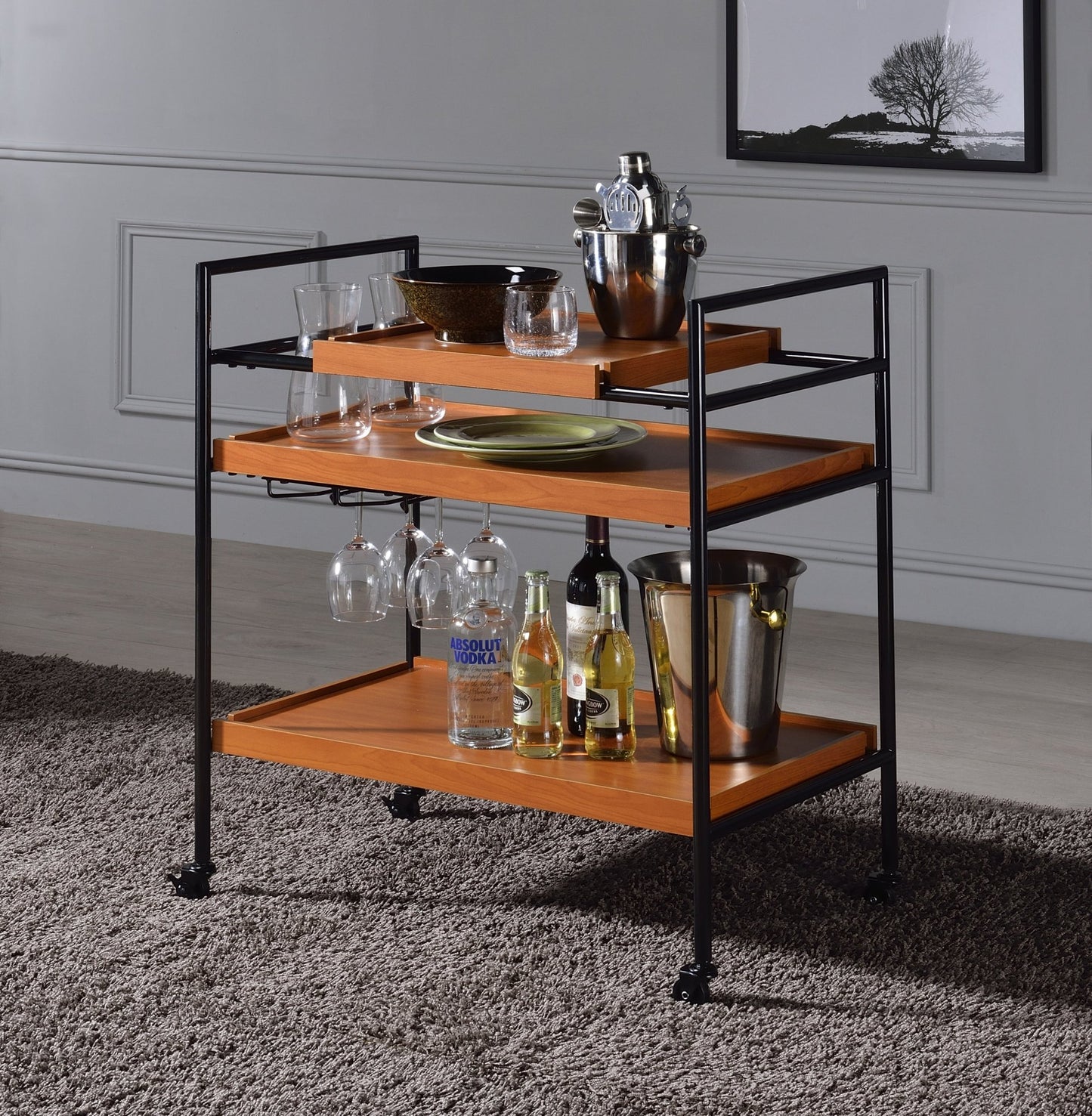 Oaken Honey Oak & Black Finish Serving Cart - 1st Choice Furniture Direct