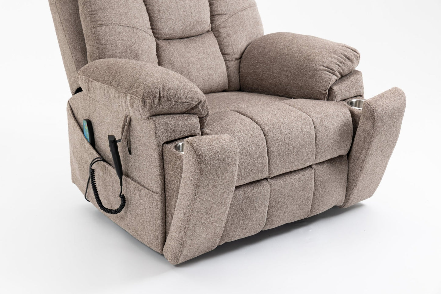 Old age electric lift chair, flat high density foam electric sofa, with heating and massage functions, can tilt to 180 degrees, 2 pocket cup holders, 2 remote controls, dual OKIN motors - 1st Choice Furniture Direct