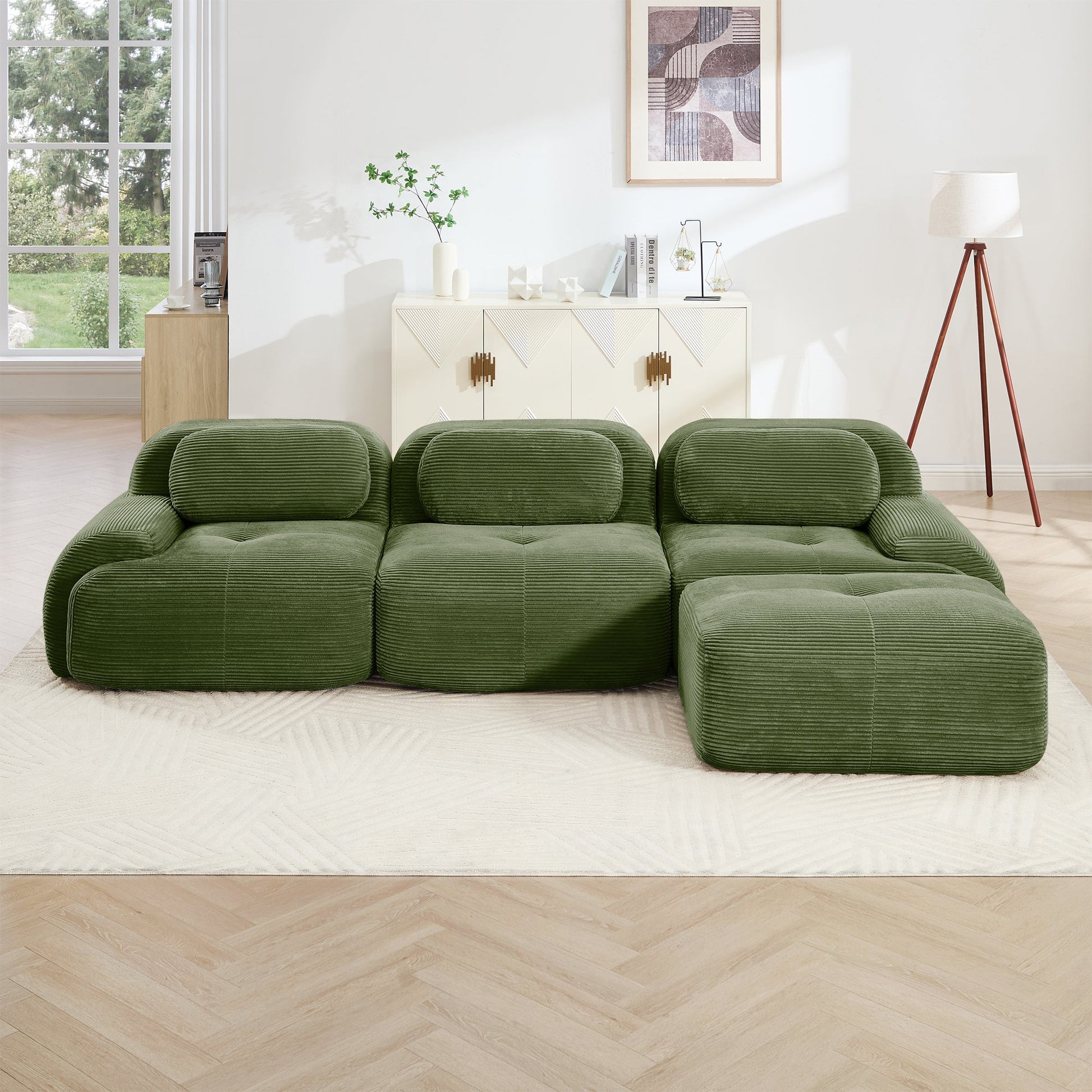 Olive Green Corduroy Modular Sofa – 3 Seater Modern Couch - 1st Choice Furniture Direct