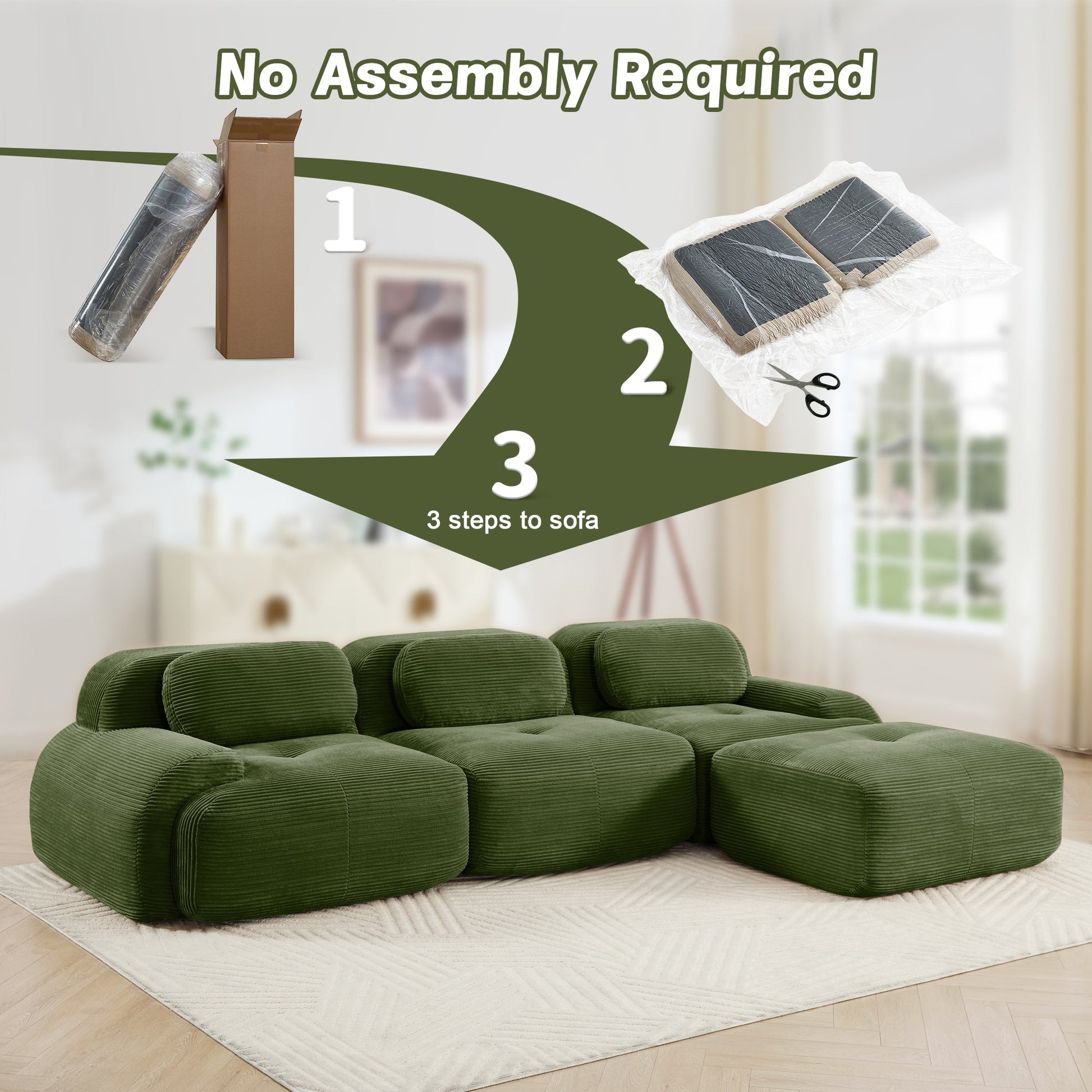 Olive Green Corduroy Modular Sofa – 3 Seater Modern Couch - 1st Choice Furniture Direct