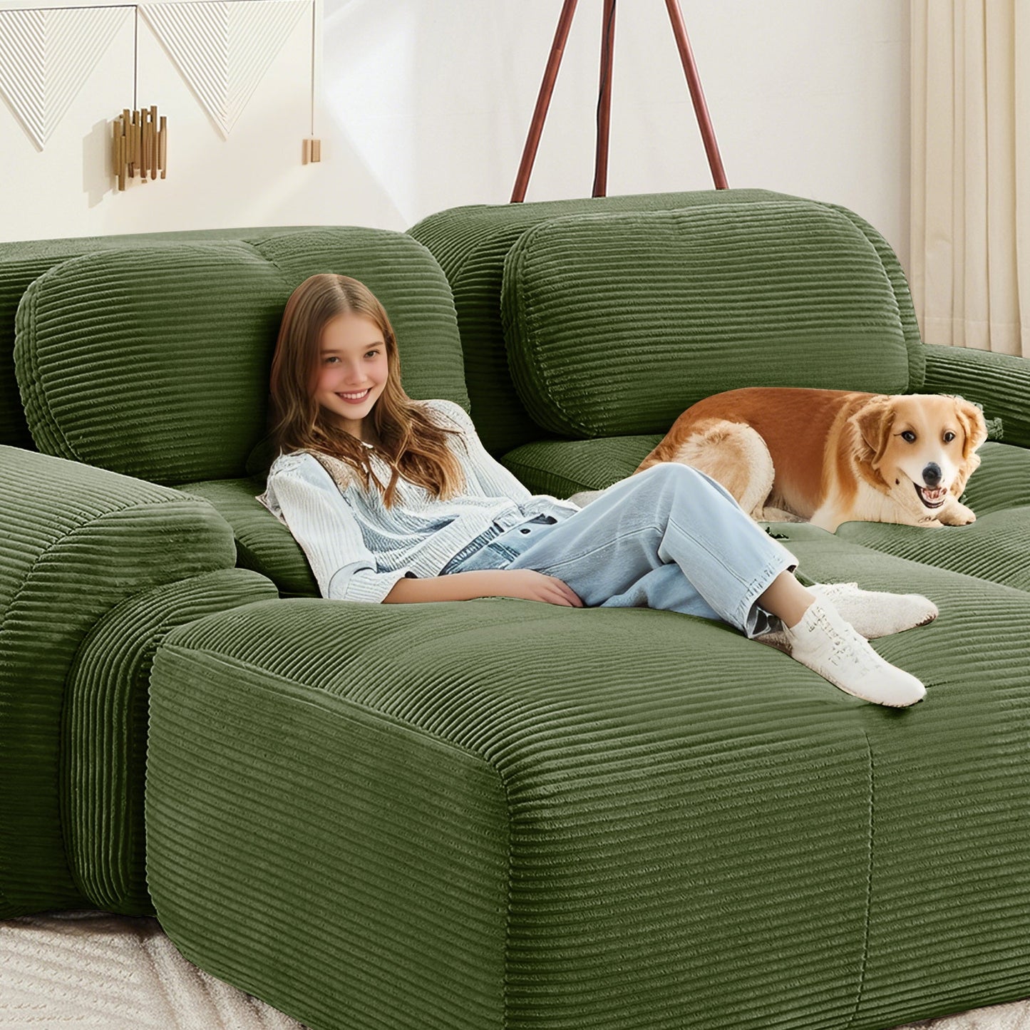 Olive Green Corduroy Modular Sofa – 3 Seater Modern Couch - 1st Choice Furniture Direct