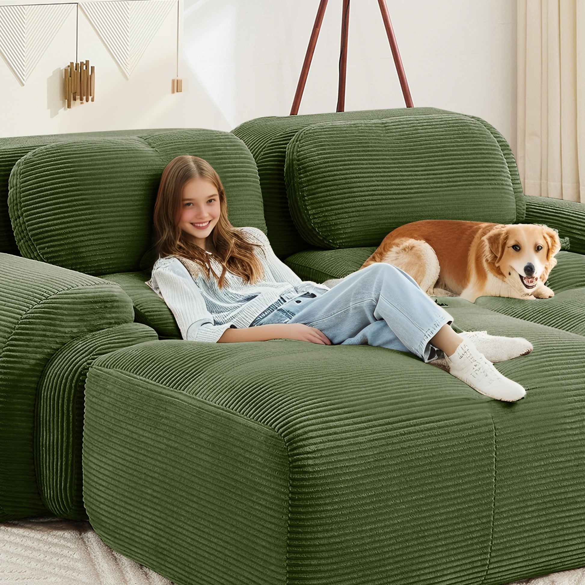 Olive Green Corduroy Modular Sofa – 3 Seater Modern Couch - 1st Choice Furniture Direct