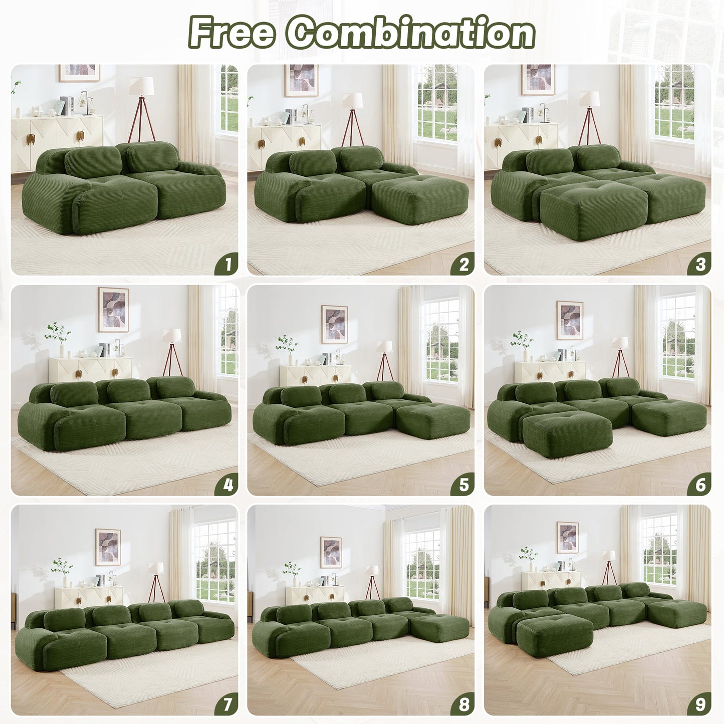 Olive Green Corduroy Modular Sofa – 3 Seater Modern Couch - 1st Choice Furniture Direct