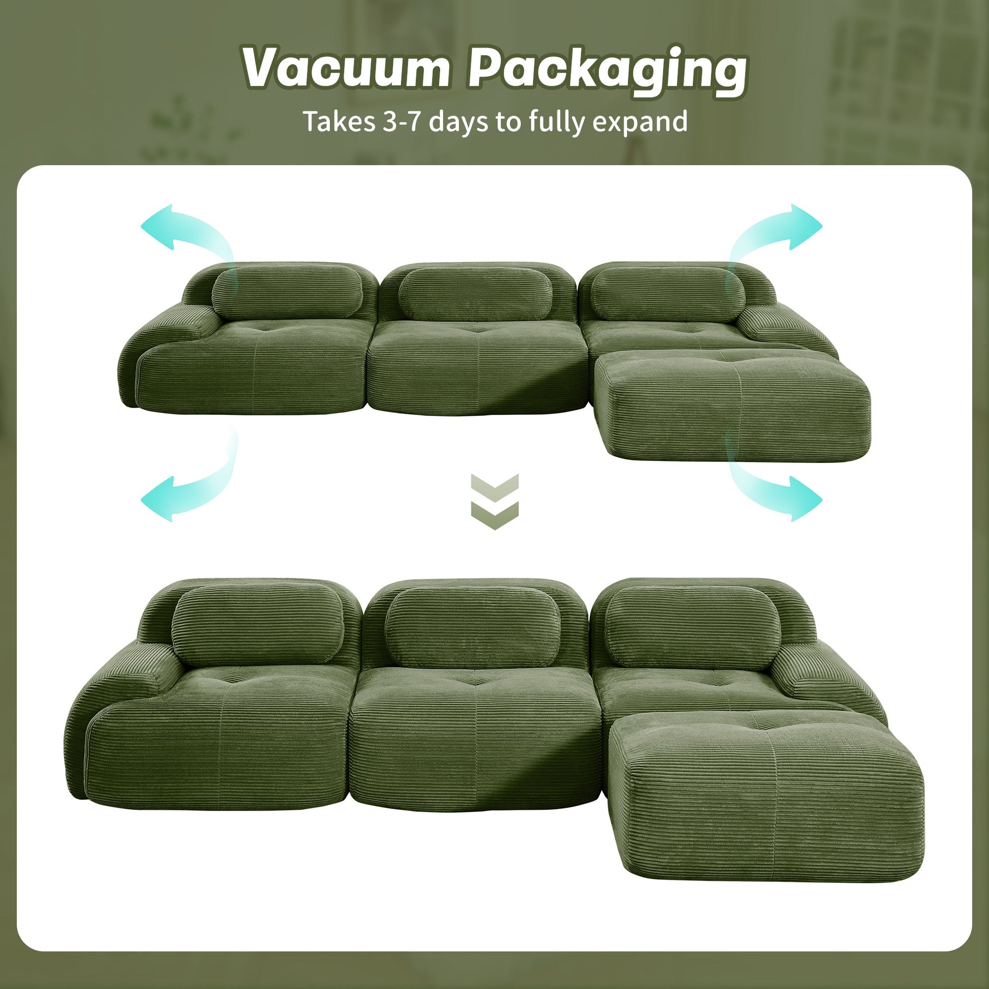 Olive Green Corduroy Modular Sofa – 3 Seater Modern Couch - 1st Choice Furniture Direct