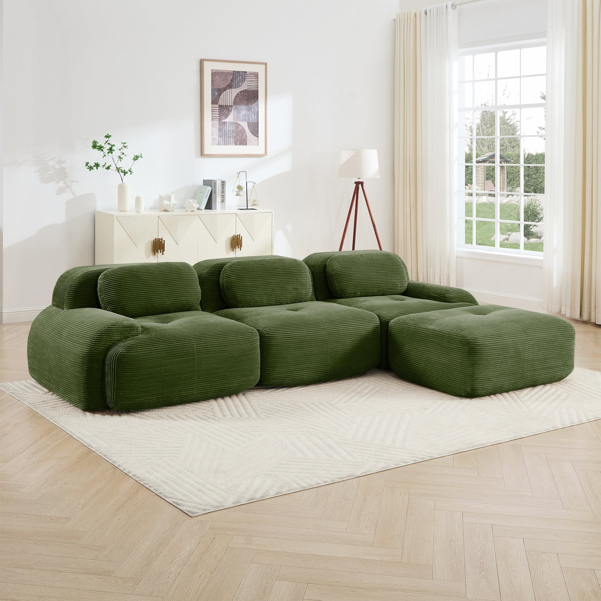 Olive Green Corduroy Modular Sofa – 3 Seater Modern Couch - 1st Choice Furniture Direct