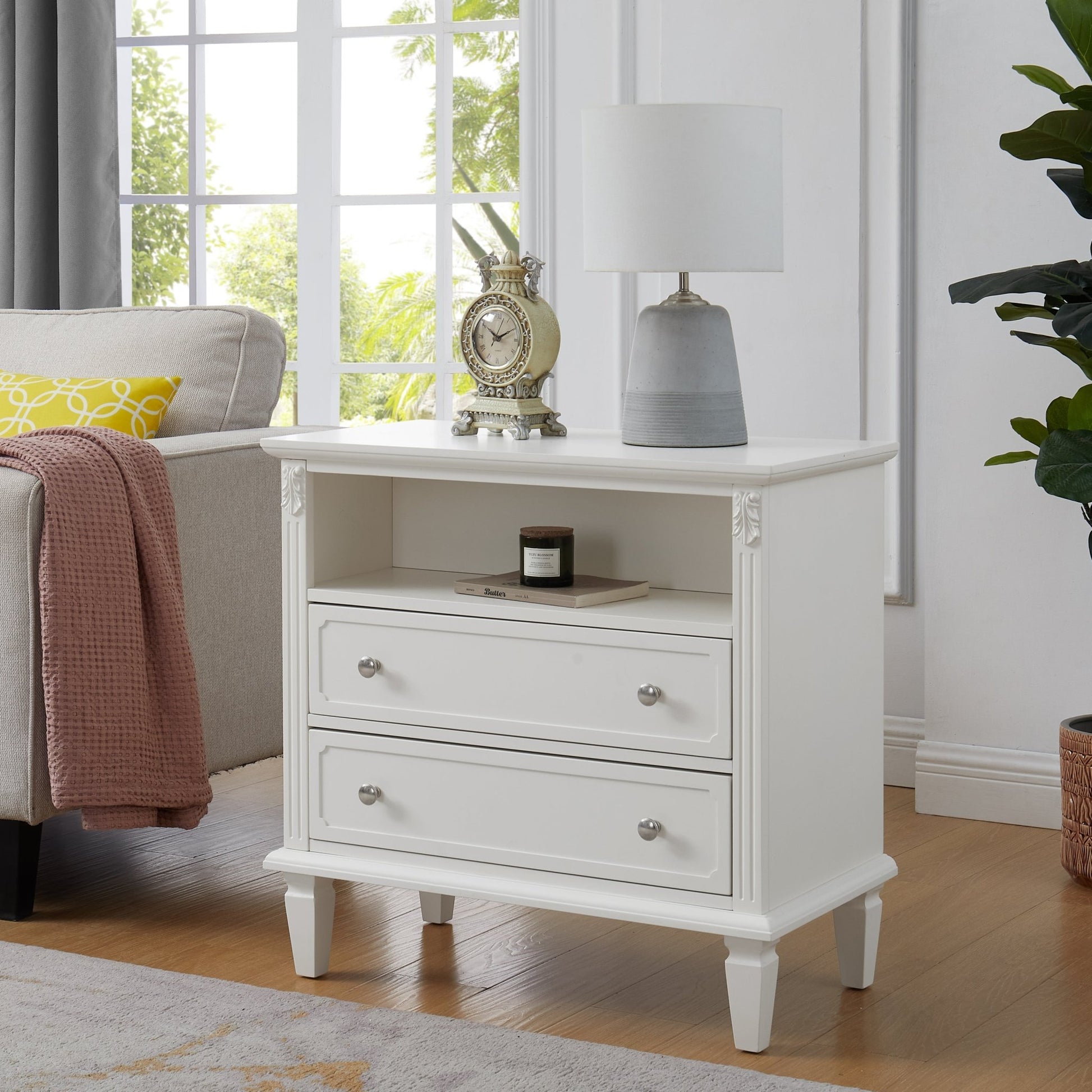 Open Space and 2 Drawers Dresser Nightstand with Charging Station, Farmhouse End Table with USB Ports and Outlets, Fluted Pilasters Design Side Table with Solid Wood Legs for Bedroom - 1st Choice Furniture Direct