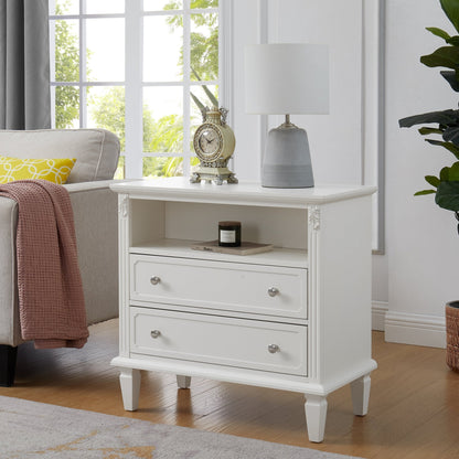 Open Space and 2 Drawers Dresser Nightstand with Charging Station, Farmhouse End Table with USB Ports and Outlets, Fluted Pilasters Design Side Table with Solid Wood Legs for Bedroom - 1st Choice Furniture Direct