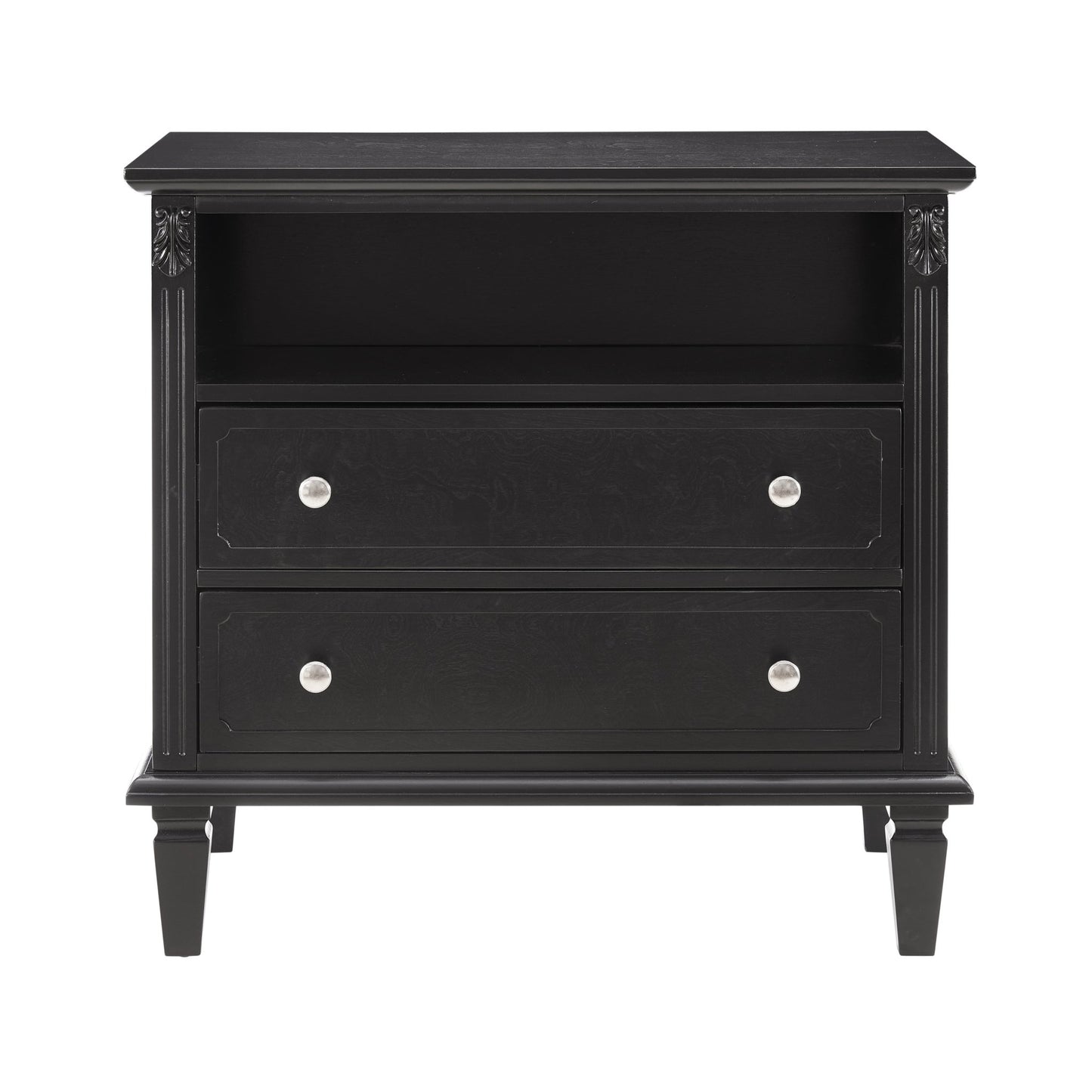 Open Space and 2 Drawers Dresser Nightstand with Charging Station, Farmhouse End Table with USB Ports and Outlets, Fluted Pilasters Design Side Table with Solid Wood Legs for Bedroom - 1st Choice Furniture Direct