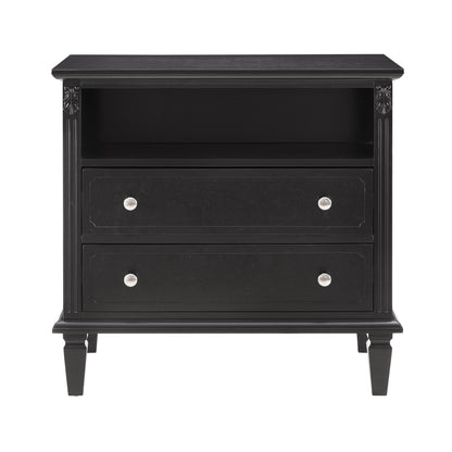 Open Space and 2 Drawers Dresser Nightstand with Charging Station, Farmhouse End Table with USB Ports and Outlets, Fluted Pilasters Design Side Table with Solid Wood Legs for Bedroom - 1st Choice Furniture Direct