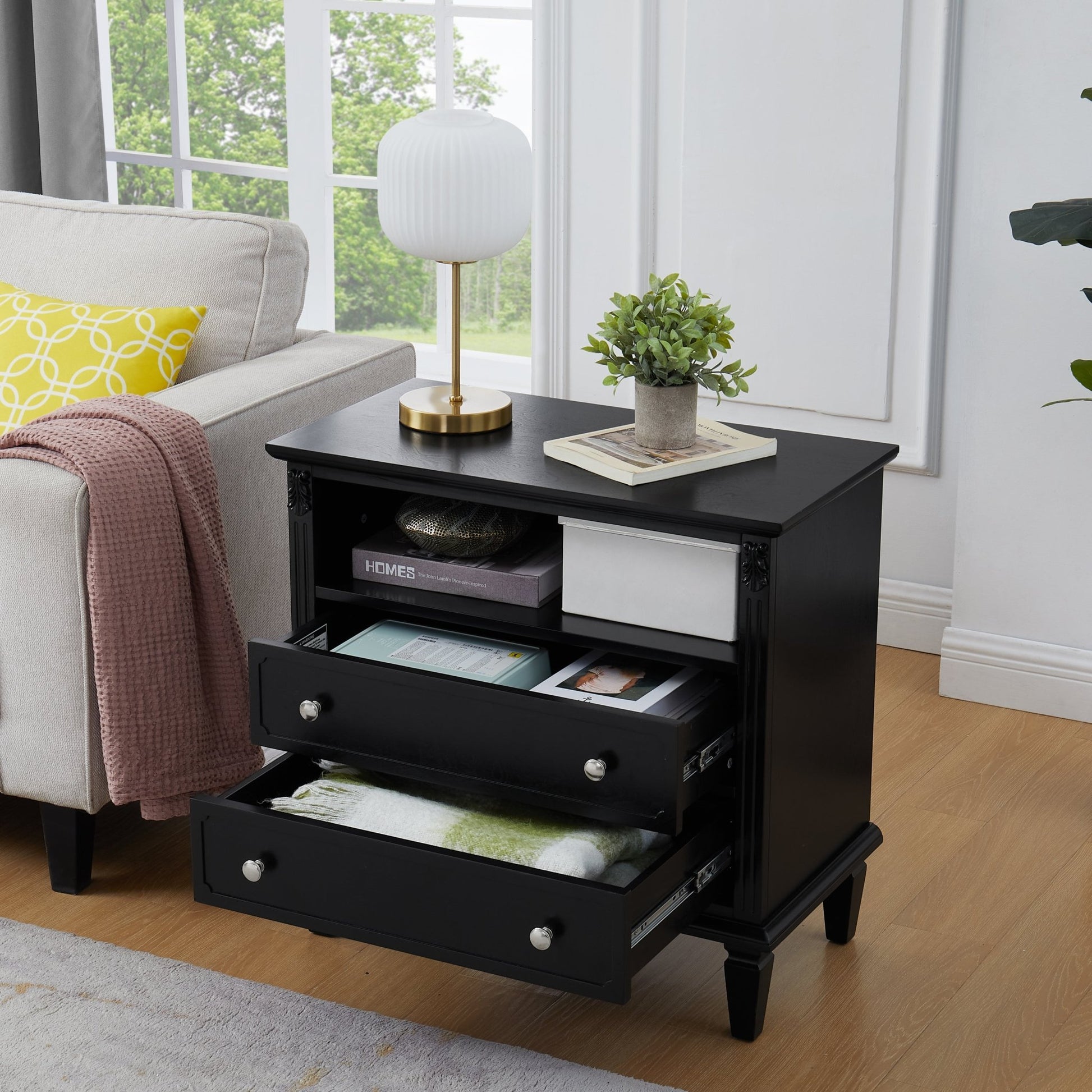 Open Space and 2 Drawers Dresser Nightstand with Charging Station, Farmhouse End Table with USB Ports and Outlets, Fluted Pilasters Design Side Table with Solid Wood Legs for Bedroom - 1st Choice Furniture Direct