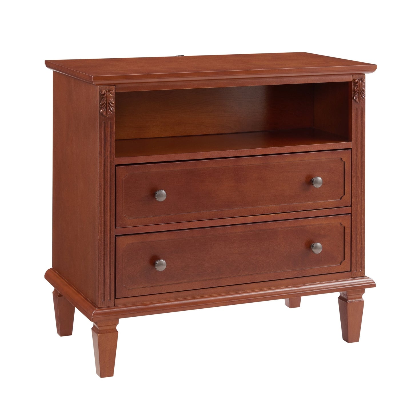 Open Space and 2 Drawers Dresser Nightstand with Charging Station, Farmhouse End Table with USB Ports and Outlets, Fluted Pilasters Design Side Table with Solid Wood Legs for Bedroom - 1st Choice Furniture Direct