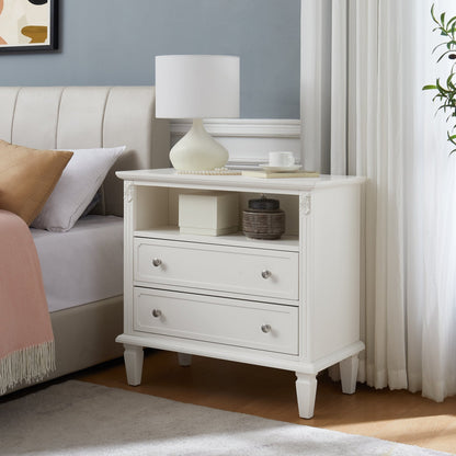Open Space and 2 Drawers Dresser Nightstand with Charging Station, Farmhouse End Table with USB Ports and Outlets, Fluted Pilasters Design Side Table with Solid Wood Legs for Bedroom - 1st Choice Furniture Direct