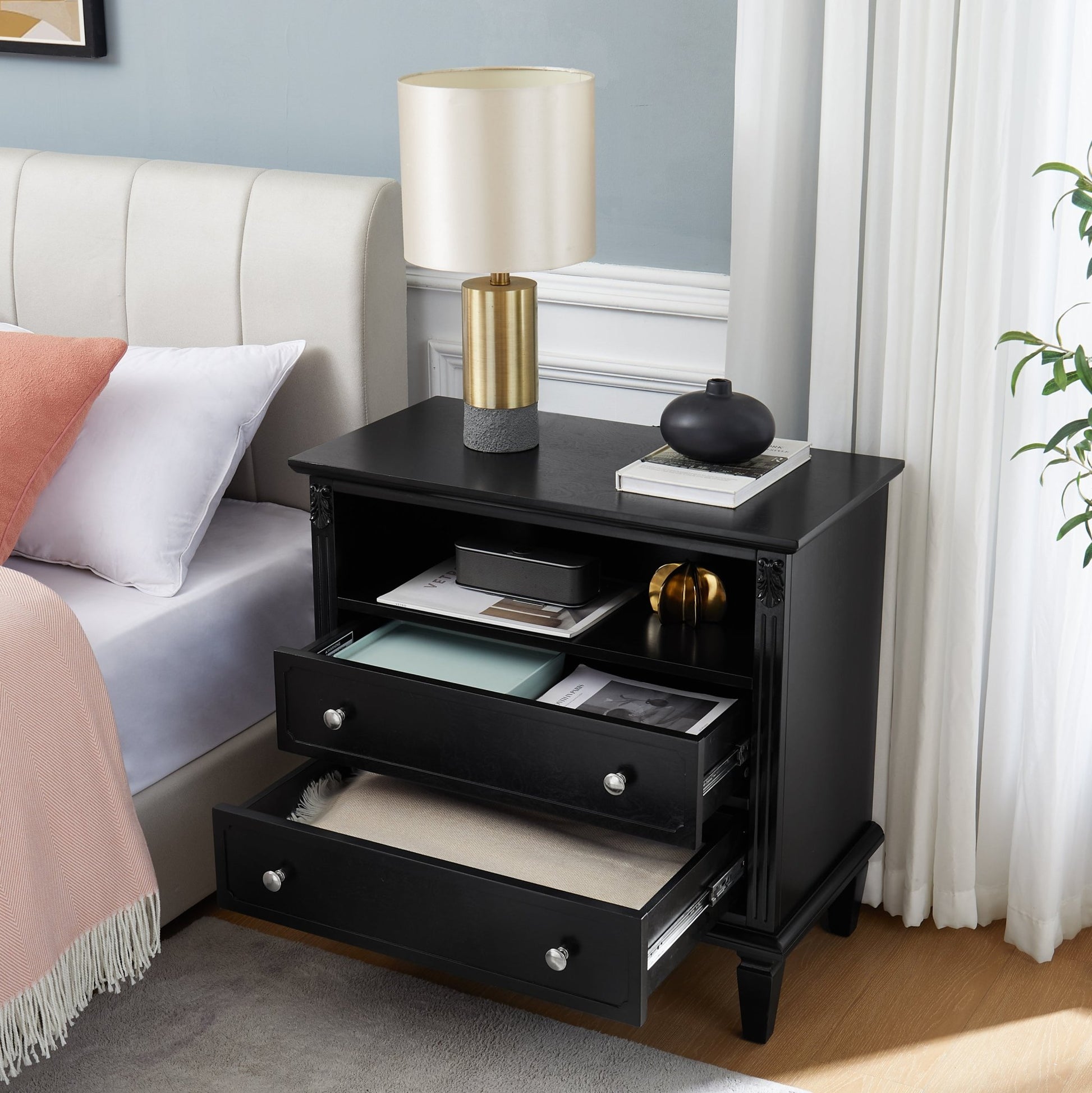 Open Space and 2 Drawers Dresser Nightstand with Charging Station, Farmhouse End Table with USB Ports and Outlets, Fluted Pilasters Design Side Table with Solid Wood Legs for Bedroom - 1st Choice Furniture Direct