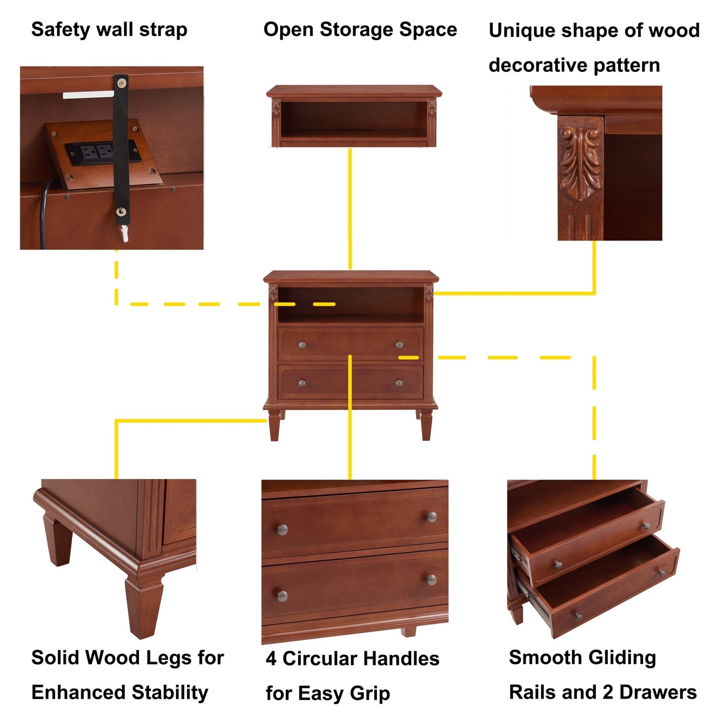 Open Space and 2 Drawers Dresser Nightstand with Charging Station, Farmhouse End Table with USB Ports and Outlets, Fluted Pilasters Design Side Table with Solid Wood Legs for Bedroom - 1st Choice Furniture Direct