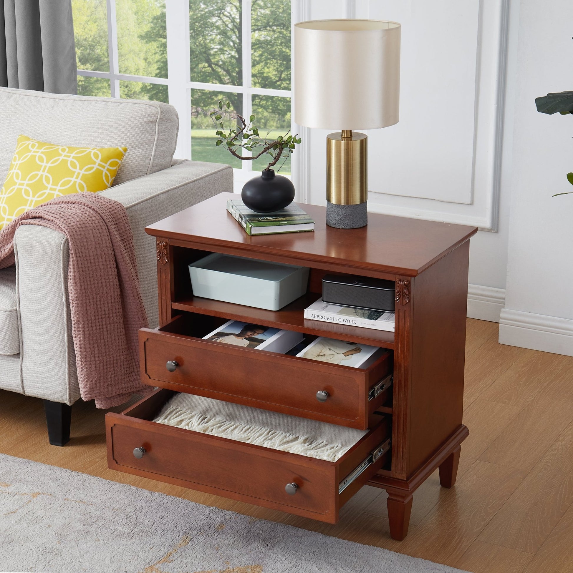 Open Space and 2 Drawers Dresser Nightstand with Charging Station, Farmhouse End Table with USB Ports and Outlets, Fluted Pilasters Design Side Table with Solid Wood Legs for Bedroom - 1st Choice Furniture Direct