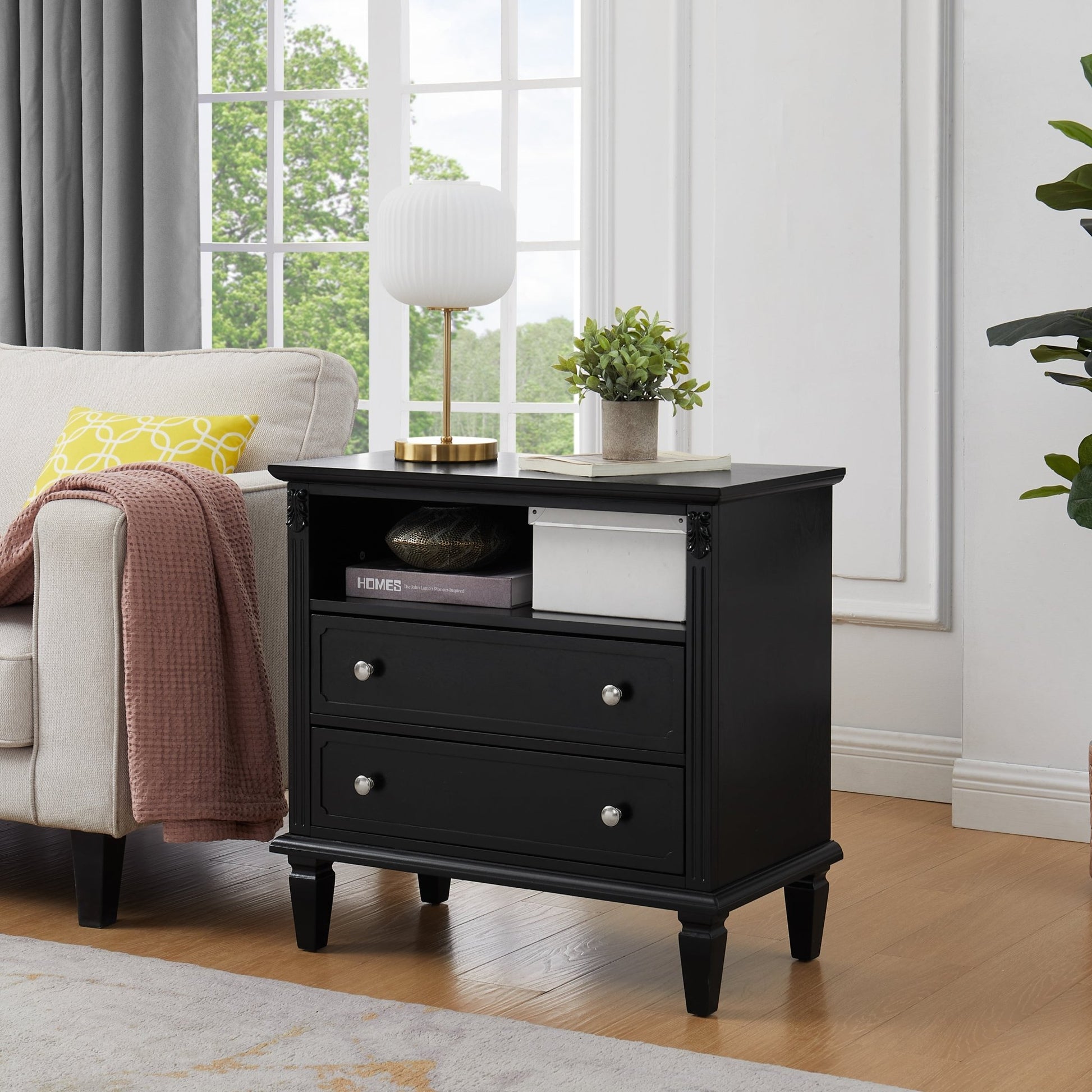 Open Space and 2 Drawers Dresser Nightstand with Charging Station, Farmhouse End Table with USB Ports and Outlets, Fluted Pilasters Design Side Table with Solid Wood Legs for Bedroom - 1st Choice Furniture Direct