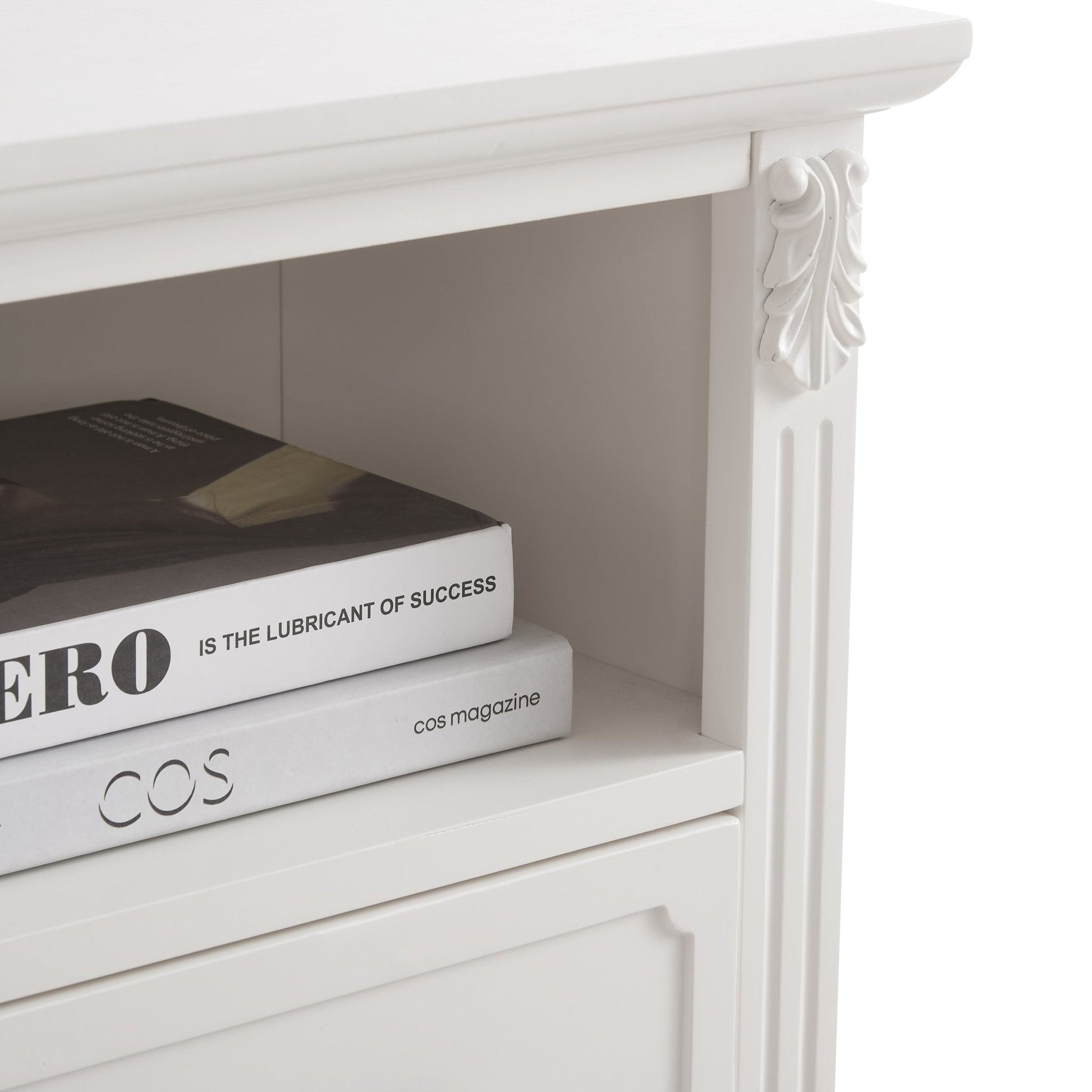 Open Space and 2 Drawers Dresser Nightstand with Charging Station, Farmhouse End Table with USB Ports and Outlets, Fluted Pilasters Design Side Table with Solid Wood Legs for Bedroom - 1st Choice Furniture Direct