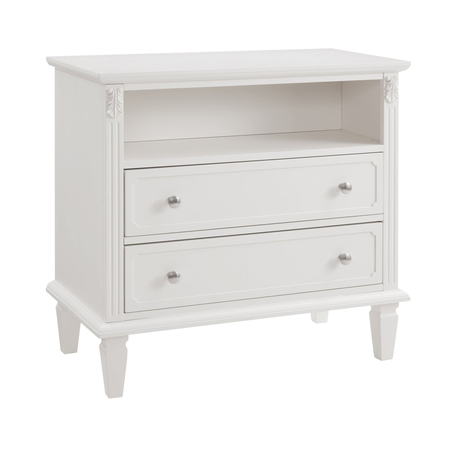 Open Space and 2 Drawers Dresser Nightstand with Charging Station, Farmhouse End Table with USB Ports and Outlets, Fluted Pilasters Design Side Table with Solid Wood Legs for Bedroom - 1st Choice Furniture Direct