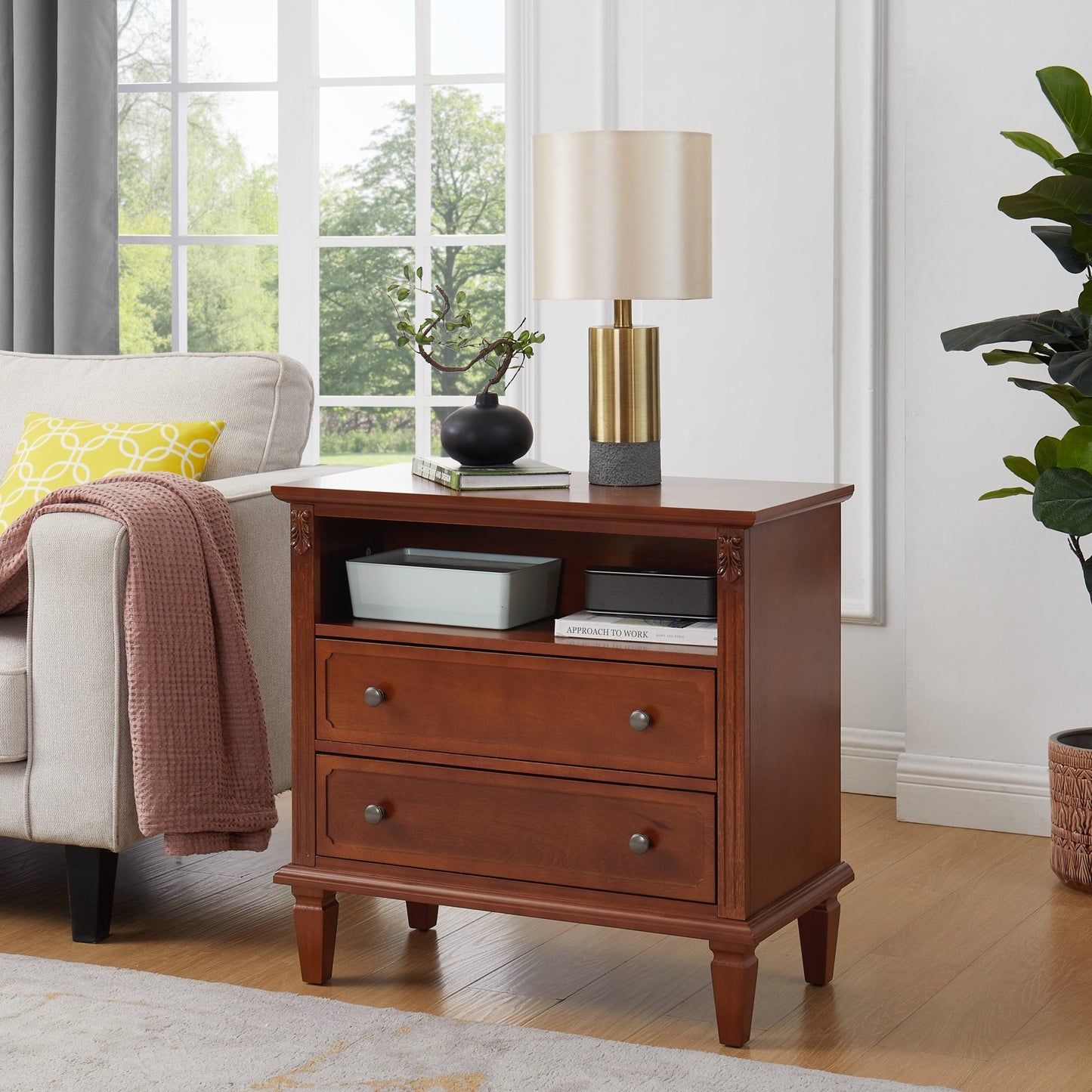 Open Space and 2 Drawers Dresser Nightstand with Charging Station, Farmhouse End Table with USB Ports and Outlets, Fluted Pilasters Design Side Table with Solid Wood Legs for Bedroom - 1st Choice Furniture Direct
