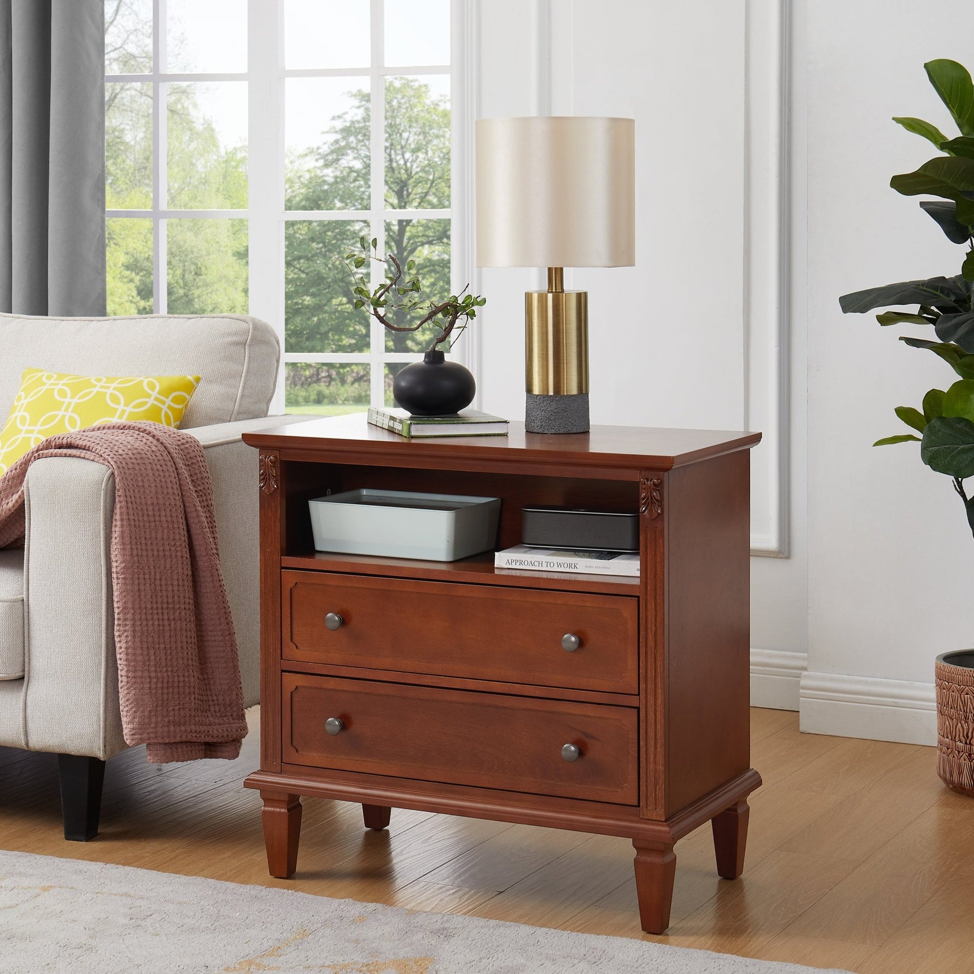 Open Space and 2 Drawers Dresser Nightstand with Charging Station, Farmhouse End Table with USB Ports and Outlets, Fluted Pilasters Design Side Table with Solid Wood Legs for Bedroom - 1st Choice Furniture Direct