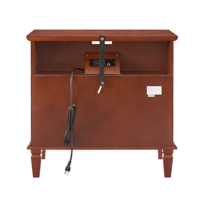 Open Space and 2 Drawers Dresser Nightstand with Charging Station, Farmhouse End Table with USB Ports and Outlets, Fluted Pilasters Design Side Table with Solid Wood Legs for Bedroom - 1st Choice Furniture Direct